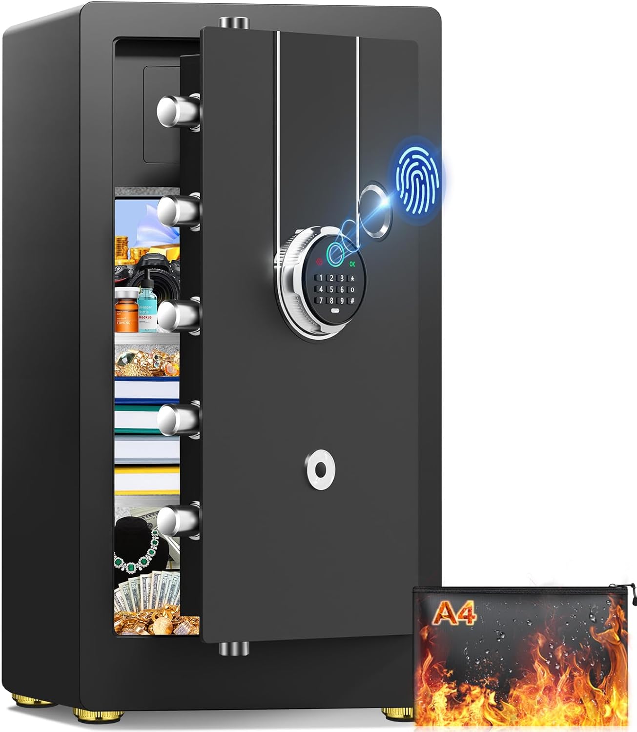 8.8 Cuft Heavy Duty Biometric Safe Box with Fireproof Waterproof Bag, Large Document Storage with Bottom Hidden Compartment, Anti-Theft Dual Alerts, Mute Mode, Digital Security for Business,