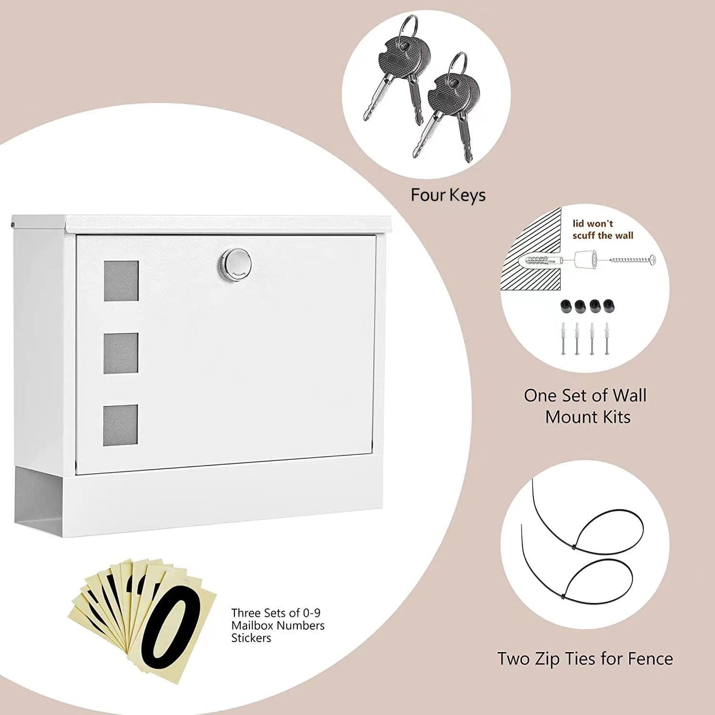 LAND·VOI Locking Mailbox Wall Mounted, Metal Postbox with Three Sets of Mail Box Number Stickers, 4 Keys, 14.4" x 4.5" x 11.2", Large Capacity, Textured White, AMB11W