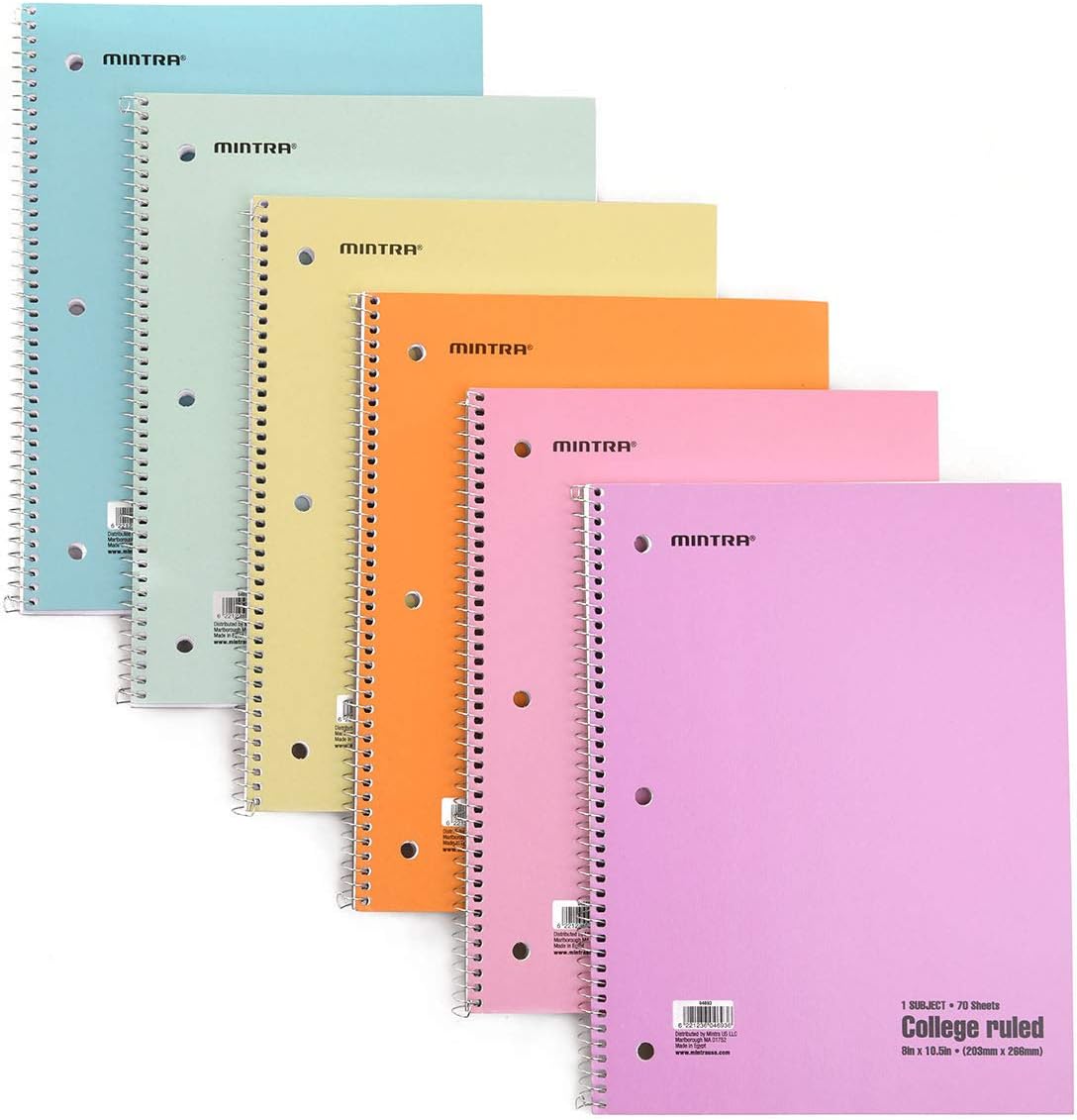 Mintra Office Spiral Notebooks - 1 Subject, 70 Sheets, College Ruled, 8in x 10in, Bulk Pack, Pastel Covers, Set of 6 - for School, Office, Business, Professional (04693)