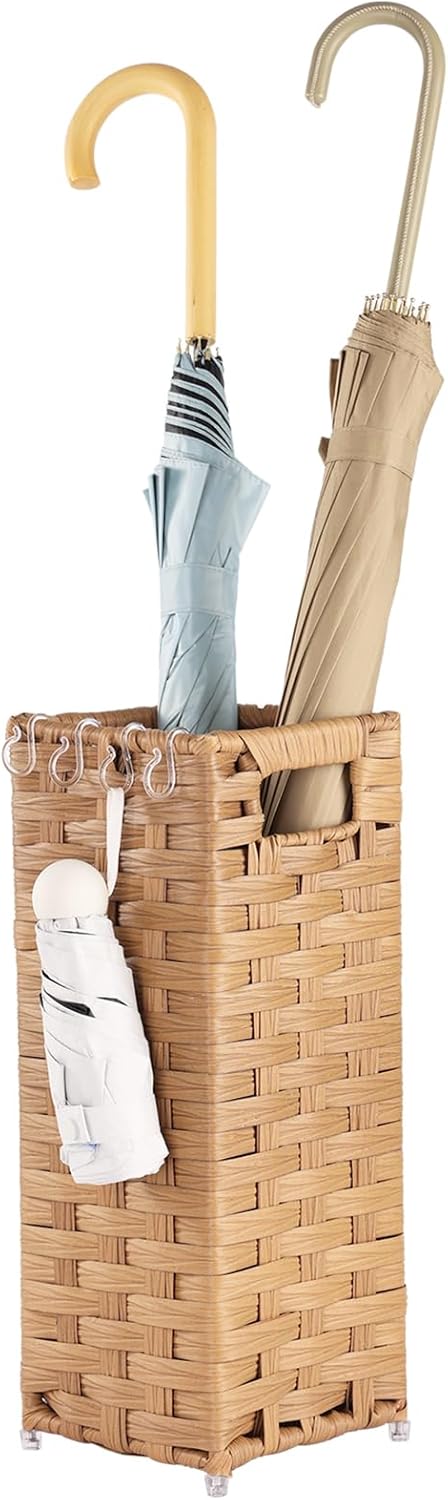 Rattan Umbrella Stand, Umbrella Holder for Entryway, Hand Woven Umbrella Rack Organizer Freestanding, with a Detachable Drip Tray, 4 Hooks, 6.5" L x 6.5" W x 16.5" H