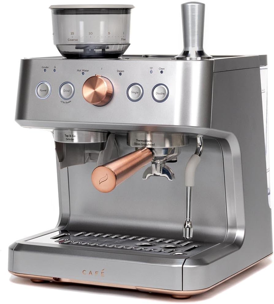 Café Bellissimo Semi Automatic Espresso Machine + Milk Frother | WiFi Connected, Smart Kitchen Essentials | Built-In Bean Grinder, 15-Bar Pump & 95-Ounce Water Reservoir | Steel Silver