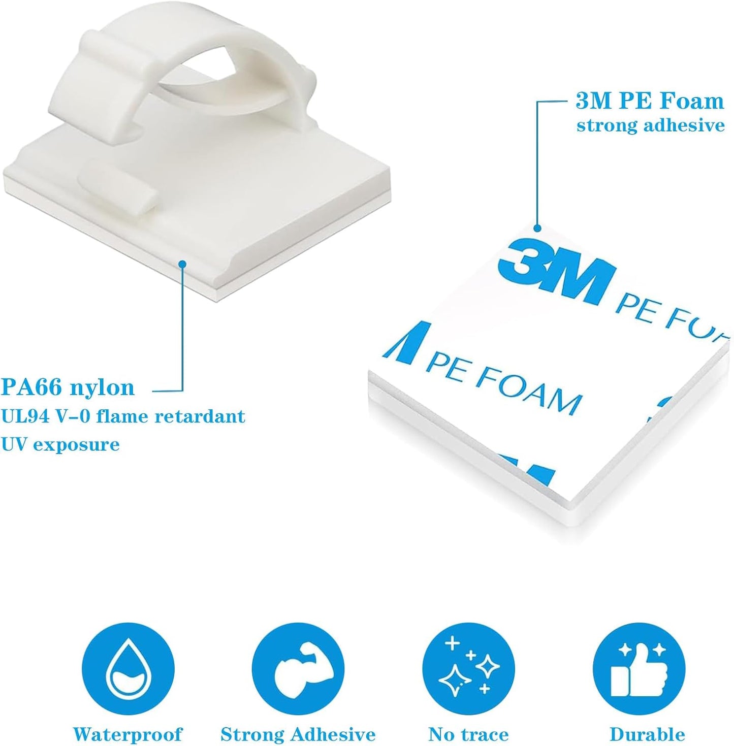 Adhesive Cable Holder Management Wire Clips 50 Pcs White，Suitable for Cables with a Diameter of ≤ 6mm in Cars, Houses, and Offices