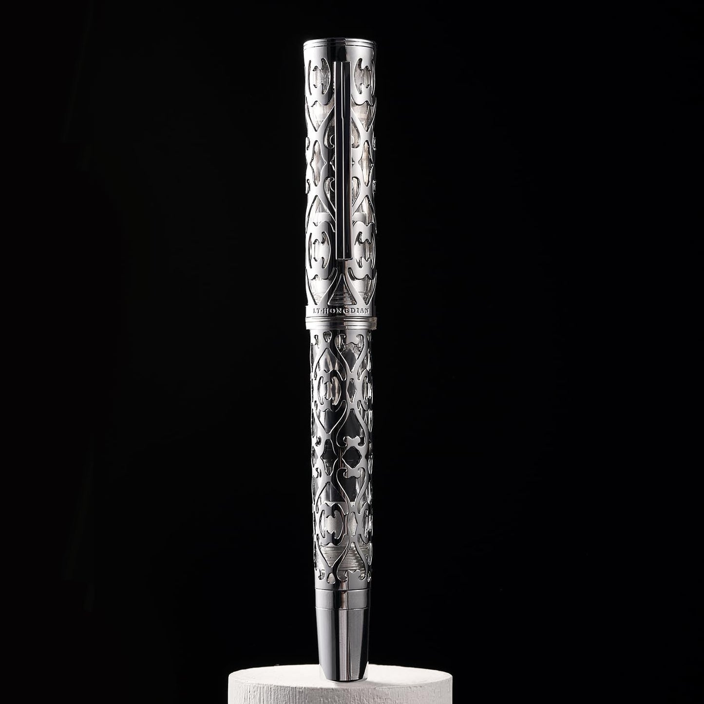 Hongdian D1 Piston Fountain Pen Fine Nib, Hollow Skeleton & Resin with Metal Case Set (Silver)