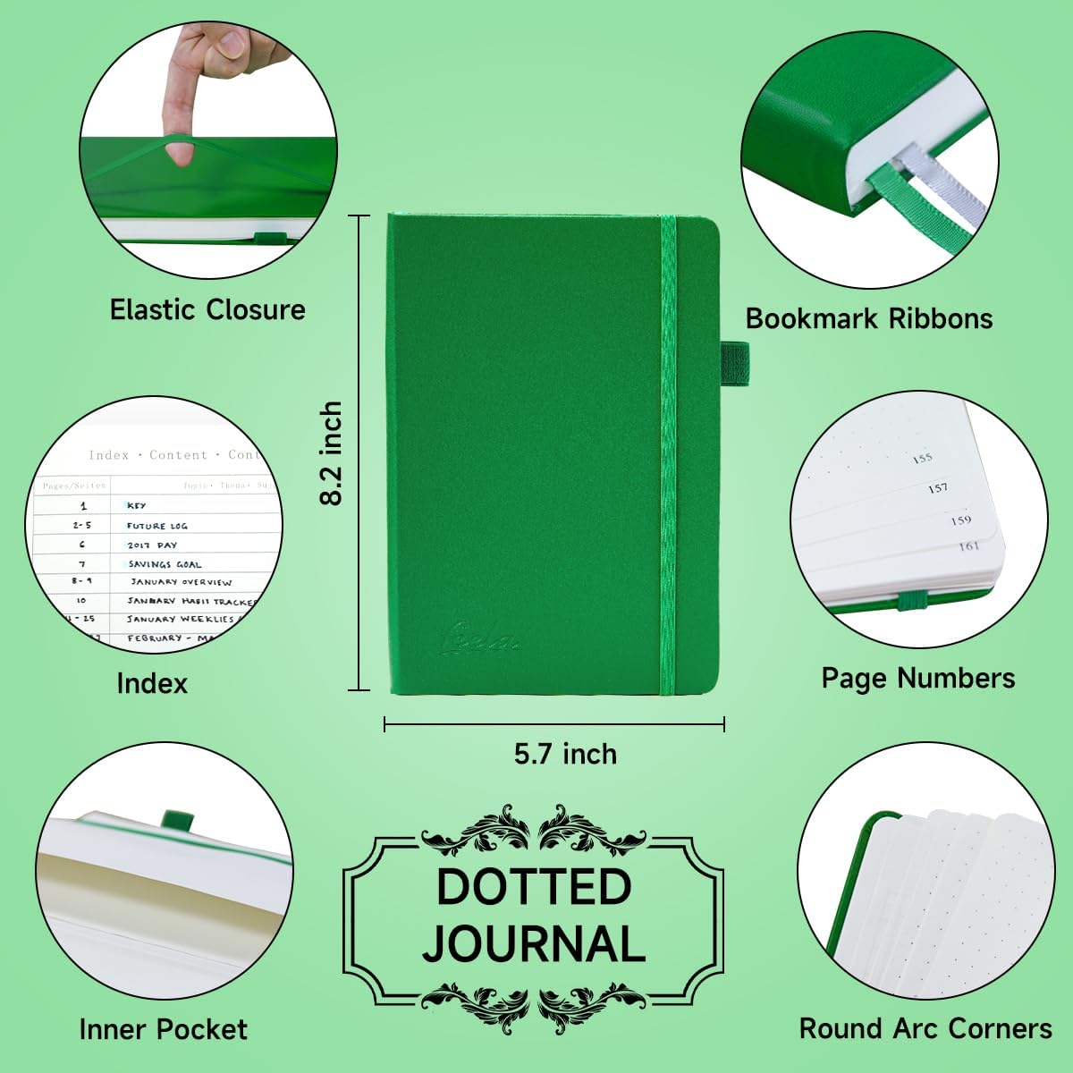 feela Dotted Journal Kit, Dot Grid Journal Hardcover Planner Notebook Set For Beginners Women Girls Note Taking with Journaling Supplies Stencils Stickers Pens Accessories, A5, 224 Pages, Green