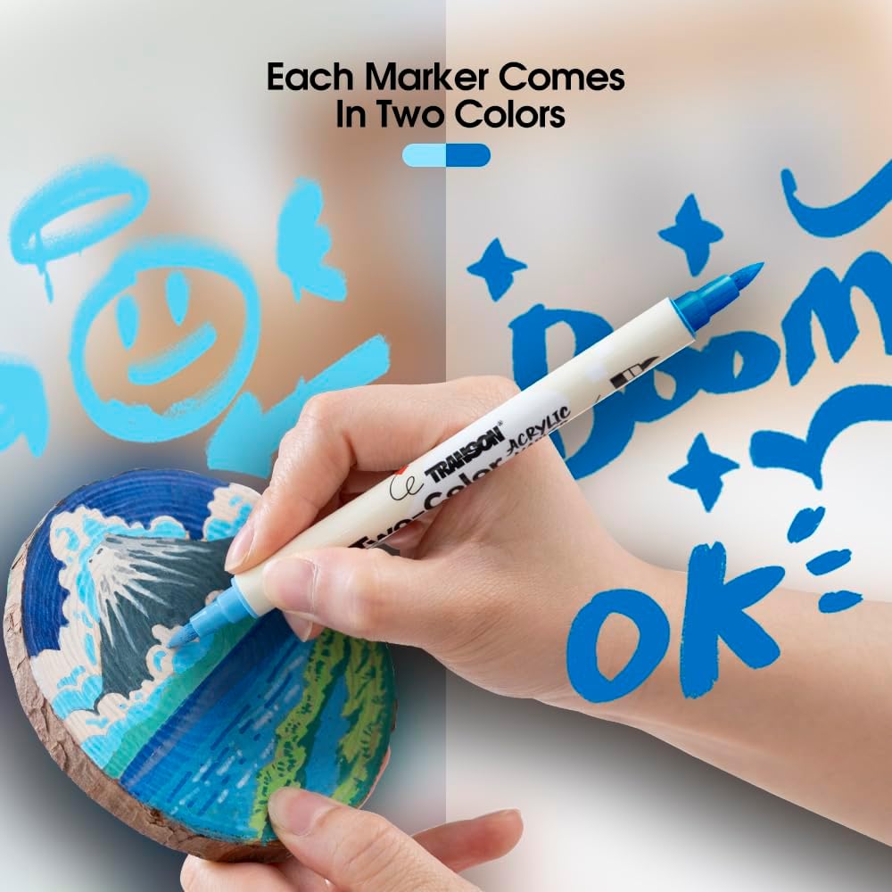 TRANSON 80 Colors Acrylic Paint Marker Set, 40 Pieces of Dual-color Acrylic Paint Pens with Brush Tips Versatile for Craft Painting, Drawing, Rock Painting, DIY, Paint on Most Surfaces