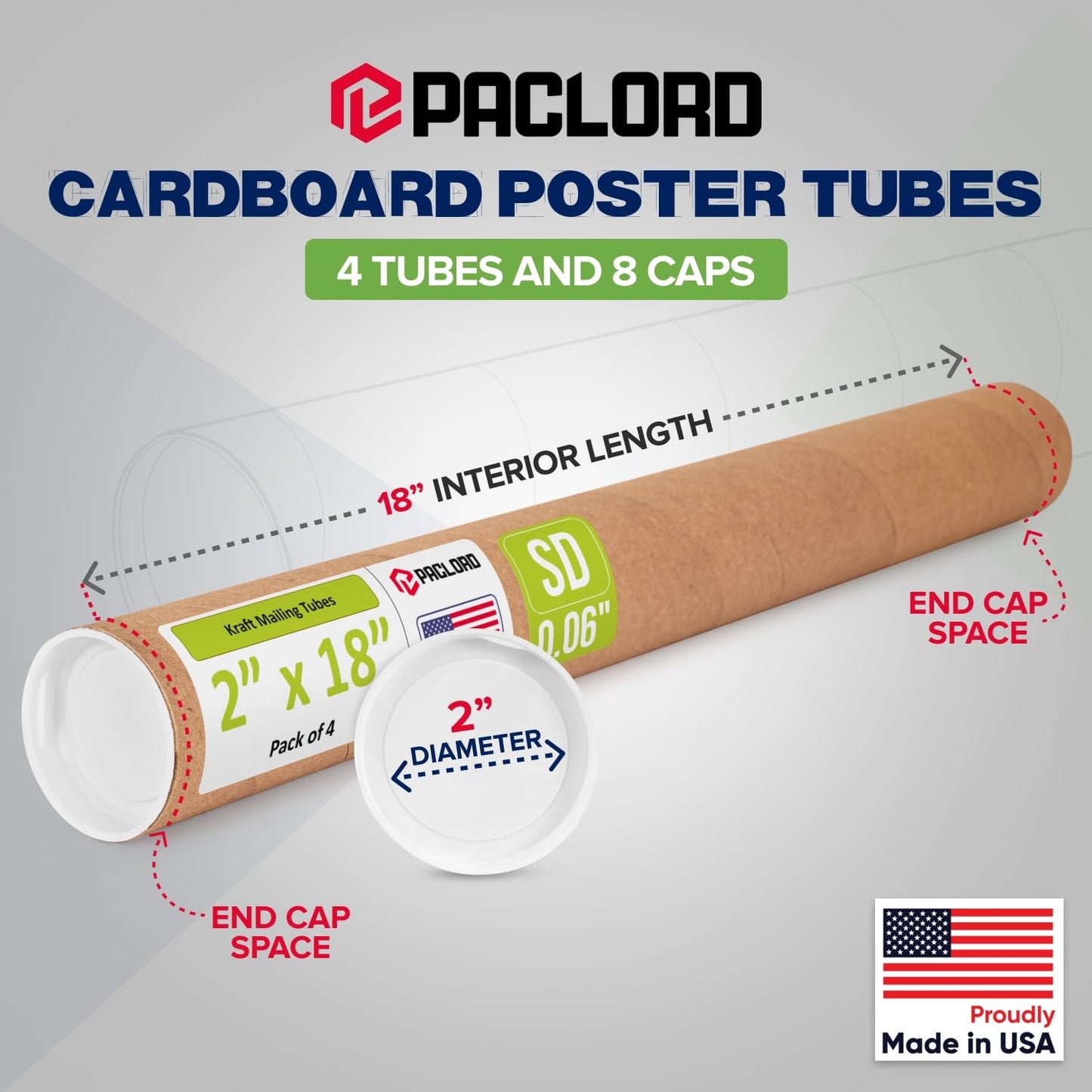 2" x 18" Reinforced Kraft Paper Mailing Tube, Pack of 4 Tubes with 8 Caps – Secure USPS Approved Poster Tube – Cardboard Tube for Shipping and Storing Posters, Prints, Artwork, or Documents