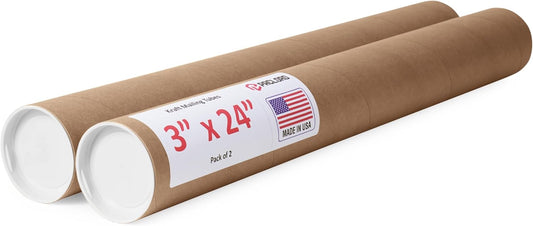 3" x 24" Reinforced Kraft Paper Mailing Tubes, Pack of 2 Tubes with 2 Caps Each – USPS Approved Poster Tube – Made in USA Cardboard Tube for Shipping and Storing Posters, Prints, Artwork, or Documents