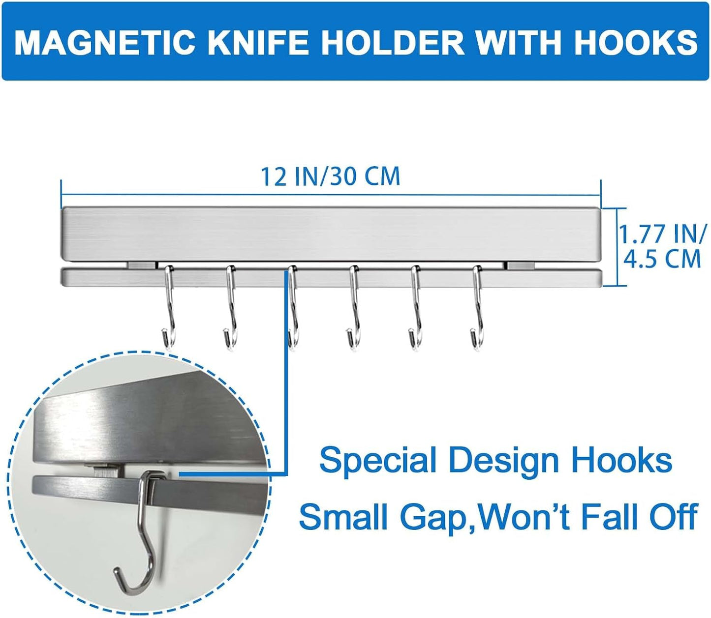 12 Inch Magnetic Knife Holder for Refrigerator with 6 Hooks - Double Sided Magnetic Knife Strip for Fridge - Premium Magnetic Knife Bar Rack - 304 Stainless Steel Kitchen Utensil Hanger