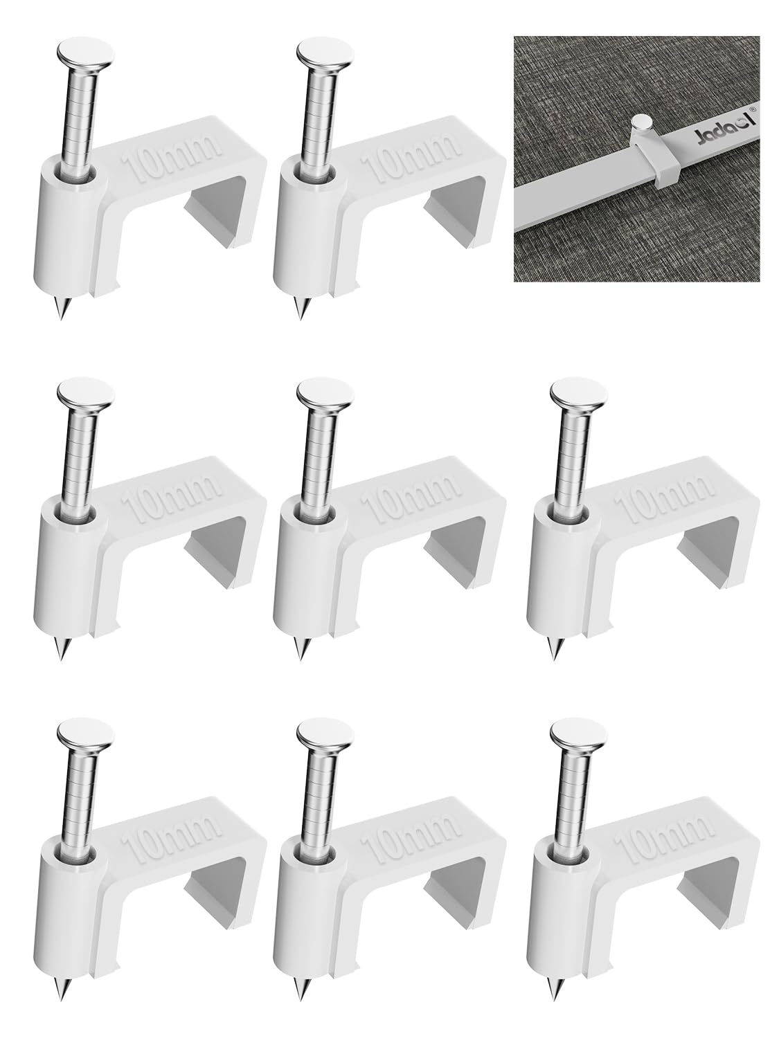 Jadaol 100Pcs 10mm Cable Clips with Nails, Flat Ethernet Cable Wall Clips, LAN Network Cable Tacks, Coax & Speaker Wire Clips, Internet Patch Cord Clips for Cat5/Cat5e/Cat6/Cat6a/Cat7/Cat8 RJ45 Cable