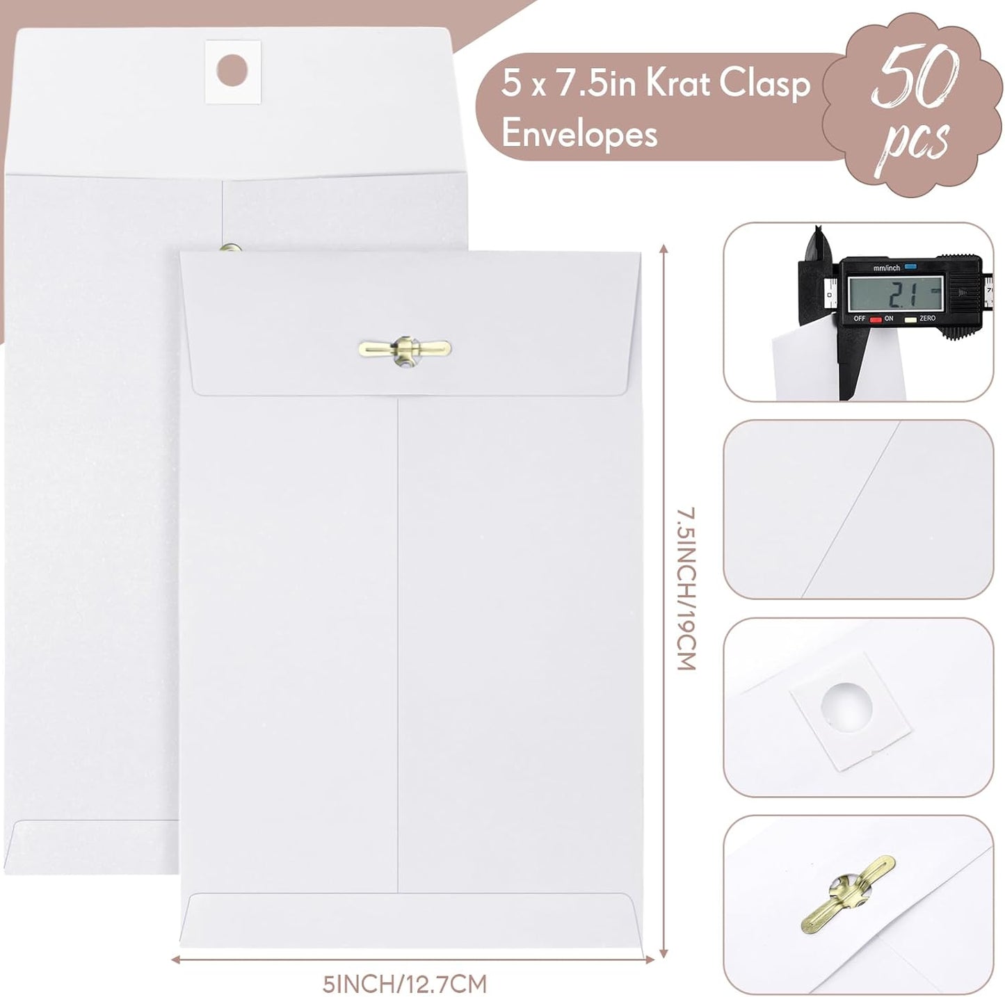 Teling 50 Pcs 5 x 7.5 Manilla Envelopes Clasp Kraft Catalog with Closure for Storing Mailing 28 lb Kraft Envelope Paper for Office Document School Business Home(White)