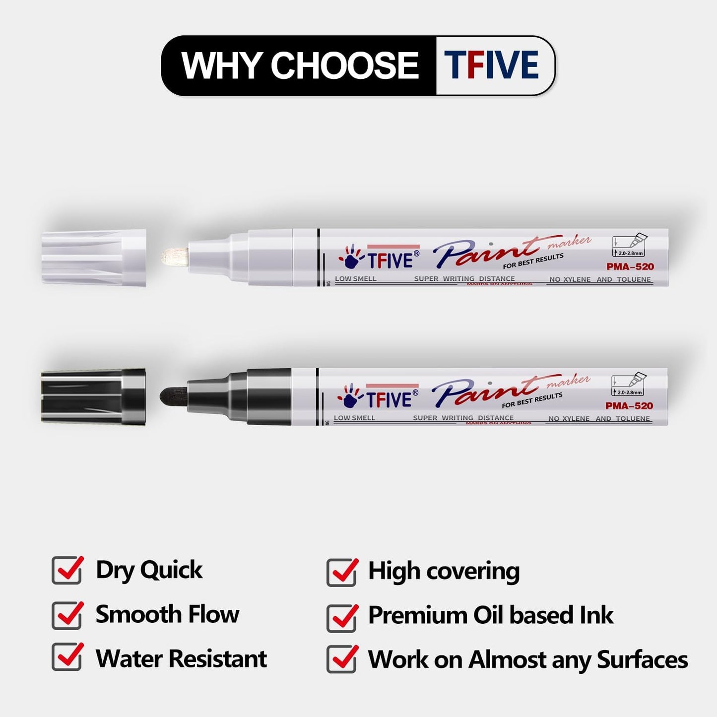 TFIVE Permanent Paint Marker Pens - 2 Pack Black & White Oil Based Marker Pen, Medium Tip, Waterproof & Quick Dry, for Office, Art, Rock Painting, Ceramic, Glass, Wood, Plastic, Metal, Canvas