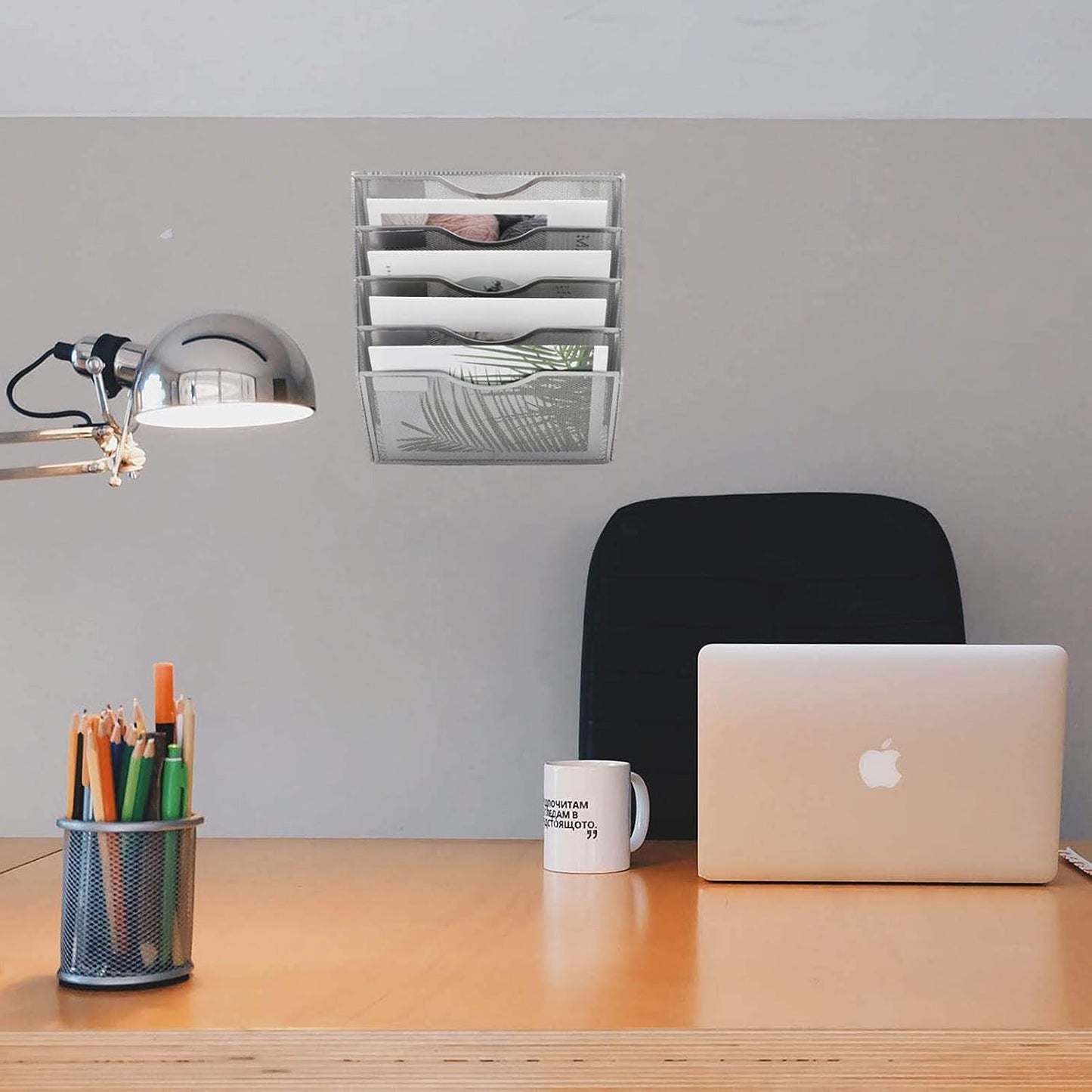 EASEPRES 5 Pocket Mesh Hanging Wall File Organizer, Wall Mounted Mail Paper Document Folder Holder, Clipboard Storage Organization Magazine Rack with Nametag Label for Office Home School, Silver