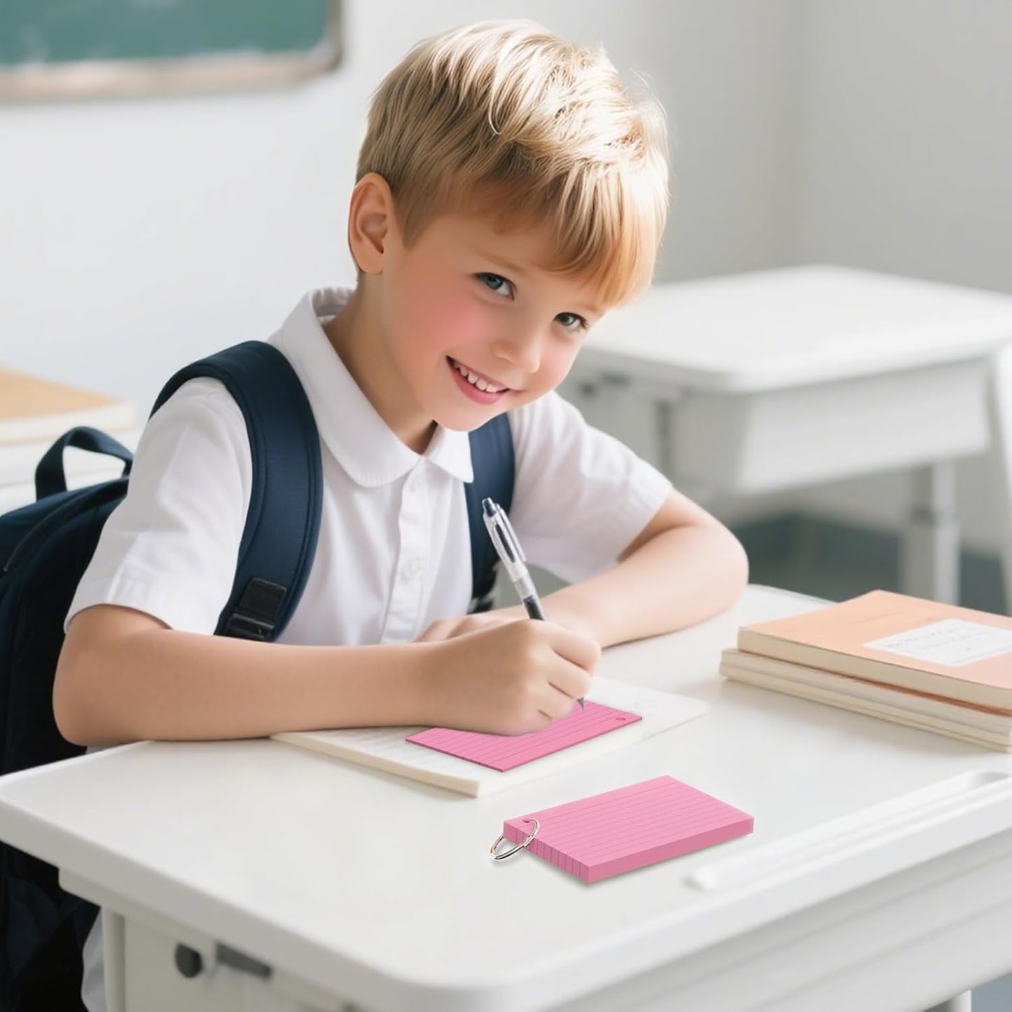 250 Count Pink Index Cards 3x5 Inch with Key Ring, Color Flash Index Card (50 Sheets Each), Durable & Portable Note Taking for Students, Teachers, Study Note Cards for Office Home School