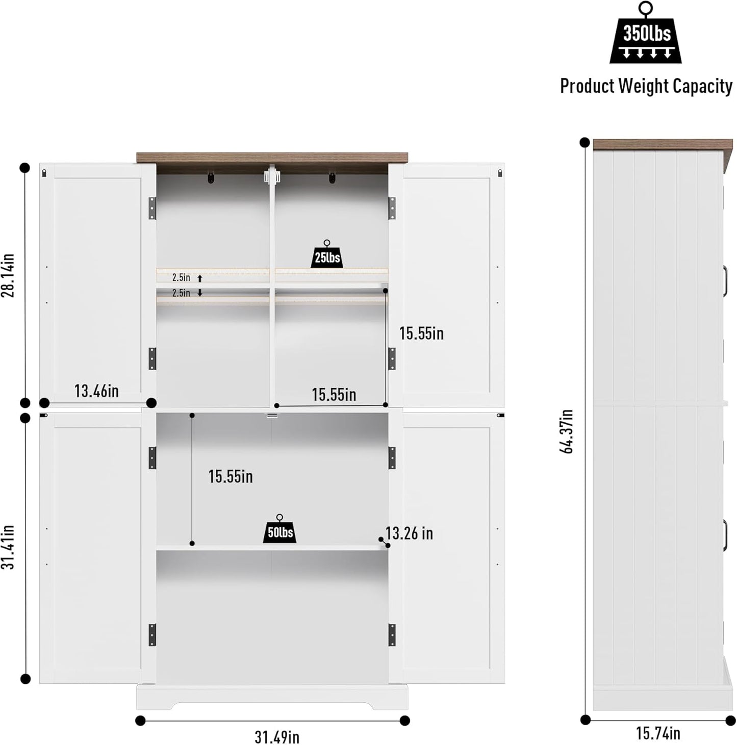 HOSTACK 64" Tall Pantry Cabinet, Modern Farmhouse Kitchen Pantry, Wood Bathroom Storage Cabinet, Large Bookcase, 4 Doors|Adjustable Shelves, for Dining Room, Living Room, Home Office, White