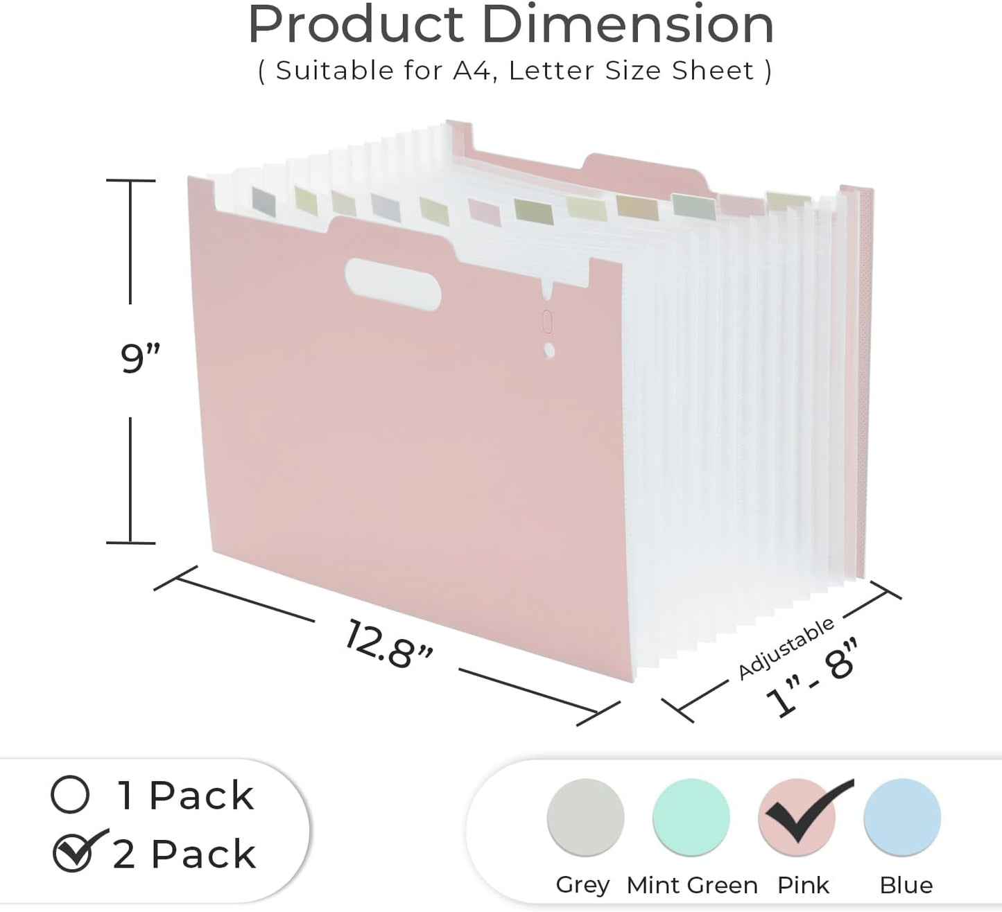 Y YOMA 2 Pack Accordion File Organizer with Handle 12 Pockets Expanding File Folder with Removable Tabs for A4 Letter Size Paper Portable Plastic Filing Organizer Document Bill Receipt Holder, Pink