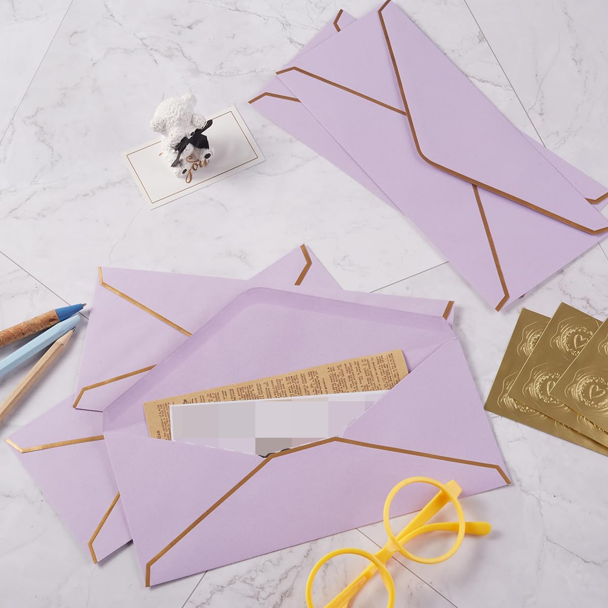 30 Pack Thick #10 Business Envelopes with Gold Border, 4 1/8 x 9 1/2 Thick Paper Standard Envelopes with Stickers for Office, Checks, Letter Mailing, Invoices (Light Purple)
