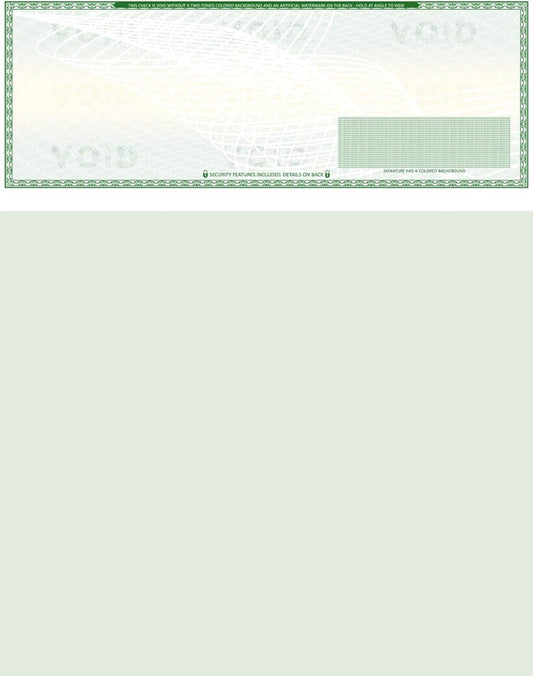 500 Blank Check Stock - Check on Top Art Deco- Paper Weight # 70"High Security" Check Paper Green Art Deco