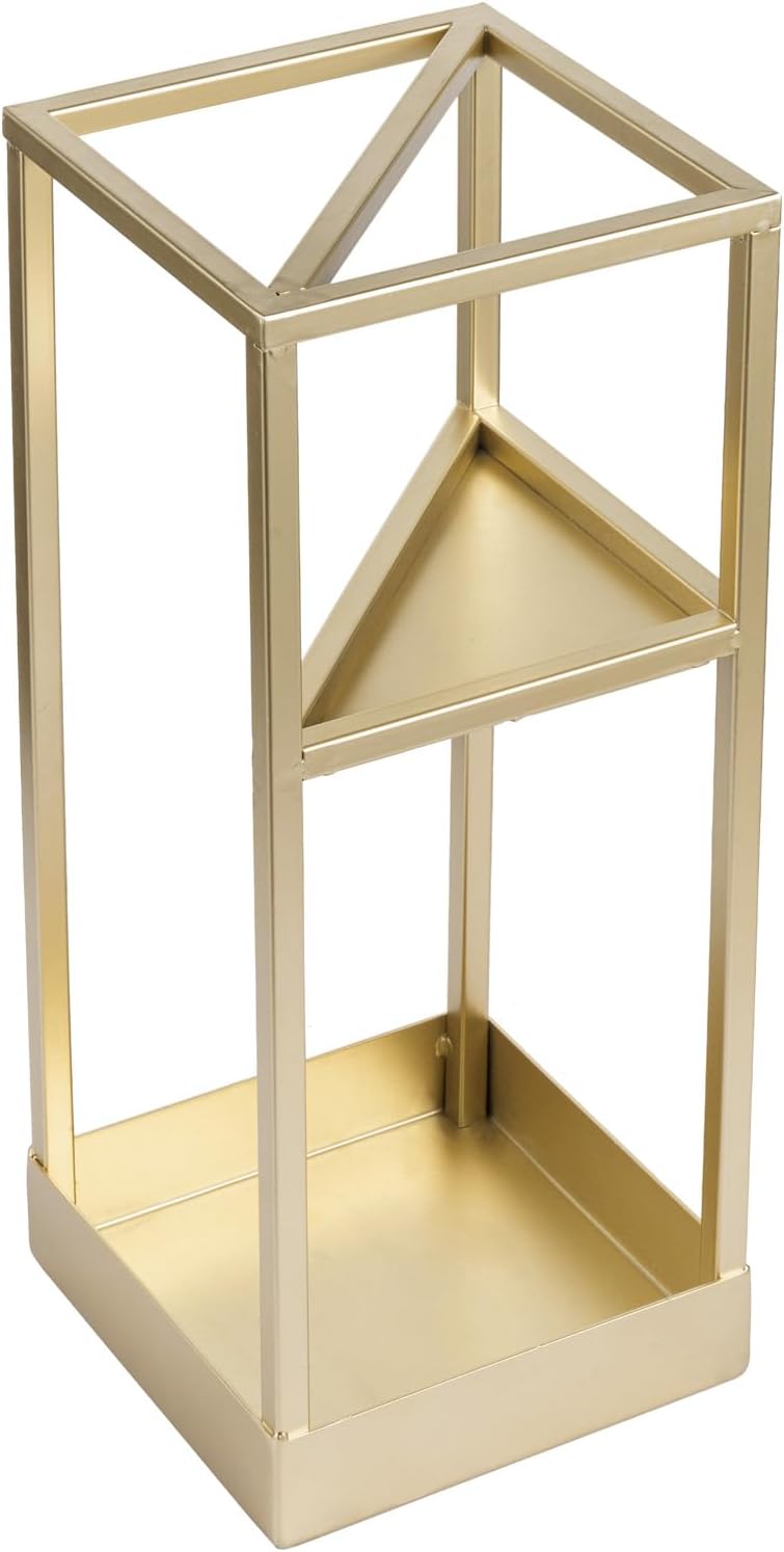 MyGift 20 Inch Tall Modern Brass Tone Metal Geometric Freestanding Entryway Umbrella Rack or Cane Holder with Shelf for Small Umbrellas and Bottom Drip Tray