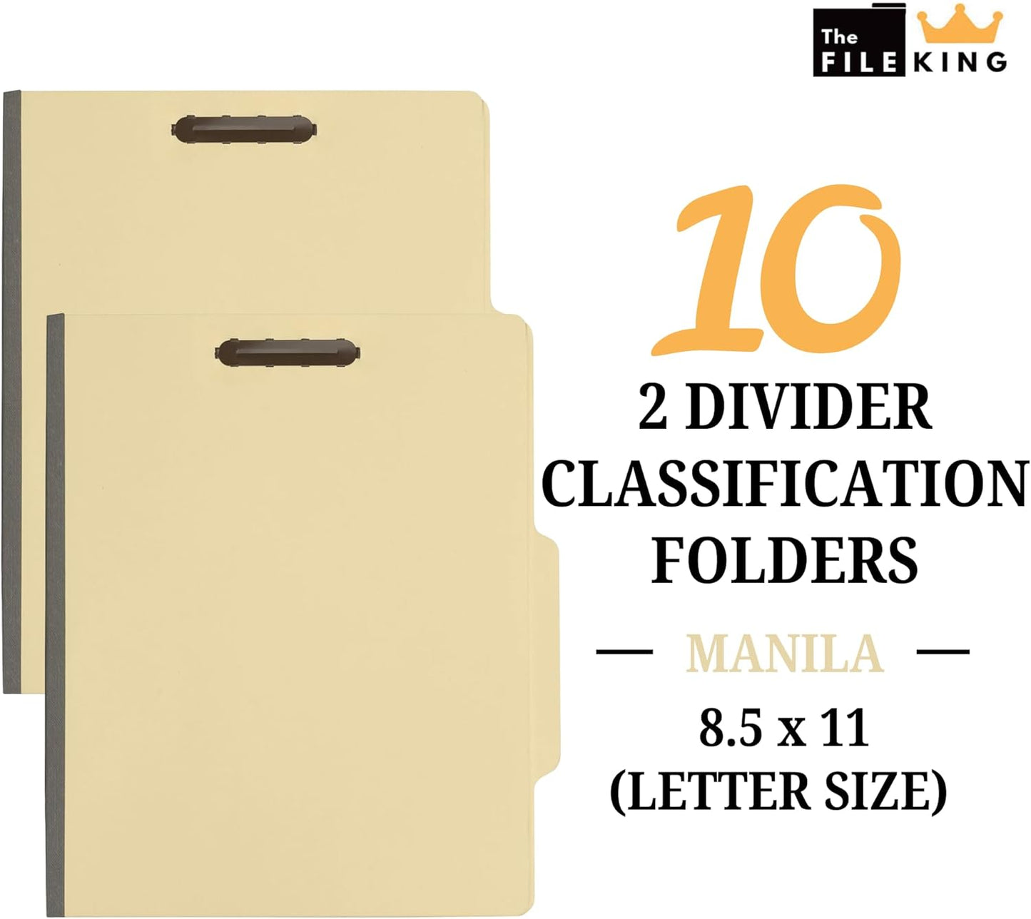 The File King Two Divider Manila Classification File Folder - Letter Size | 10 Pack | 2/5 ROC Top Tab | 1" Expansion | 2" Fastener Prongs | Made in America