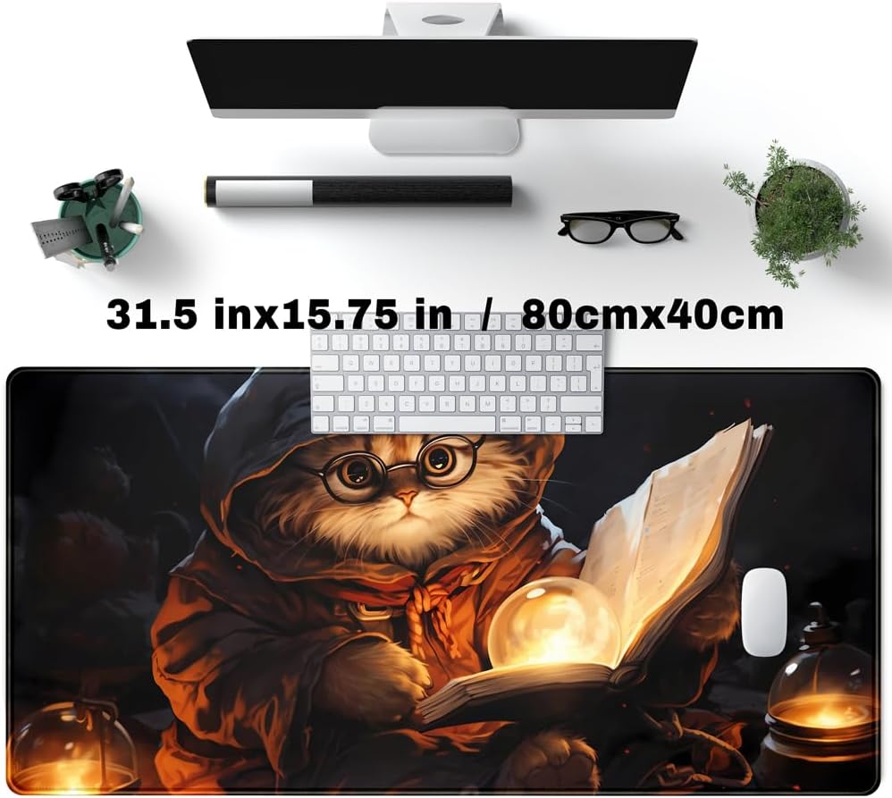 Magical Cat Desk Mouse Mat Black Vintage Desk Pad Playmat for MTG Large Mousepad Gaming Deskpad XXL Keyboard Mouse Pad Full Desktop Mat Desk Cover Mat for Work Office Home (31.5x15.7 in)