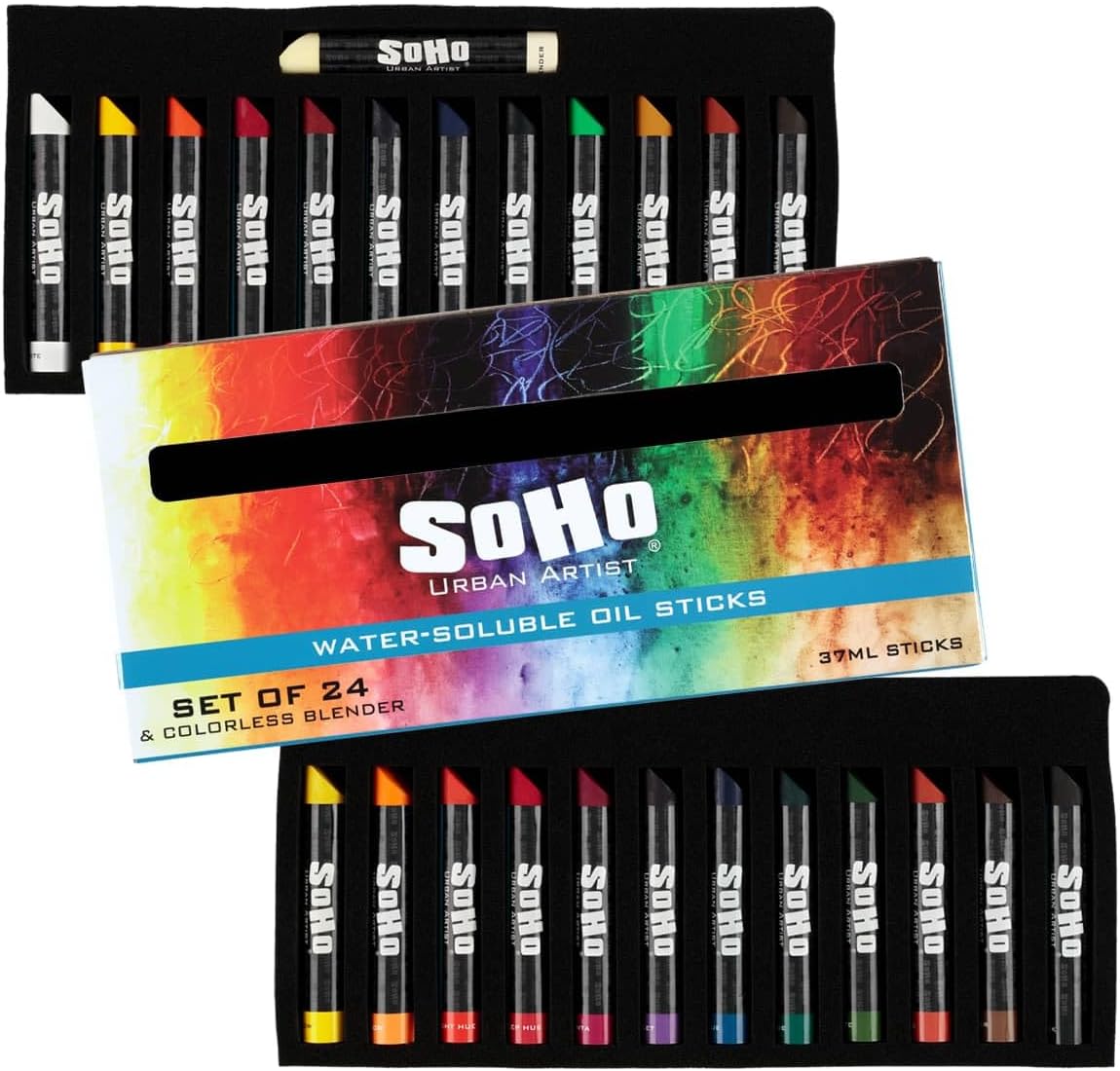 Soho Urban Artist Water Soluble Oil Sticks for Artists – Set of 24 + Blender Oil Paint Stick - 37 ml - No Brushes or Solvents Needed, Paint Any Primed Surface, Water Clean-Up, Non-Toxic, 4.8 x 0.78
