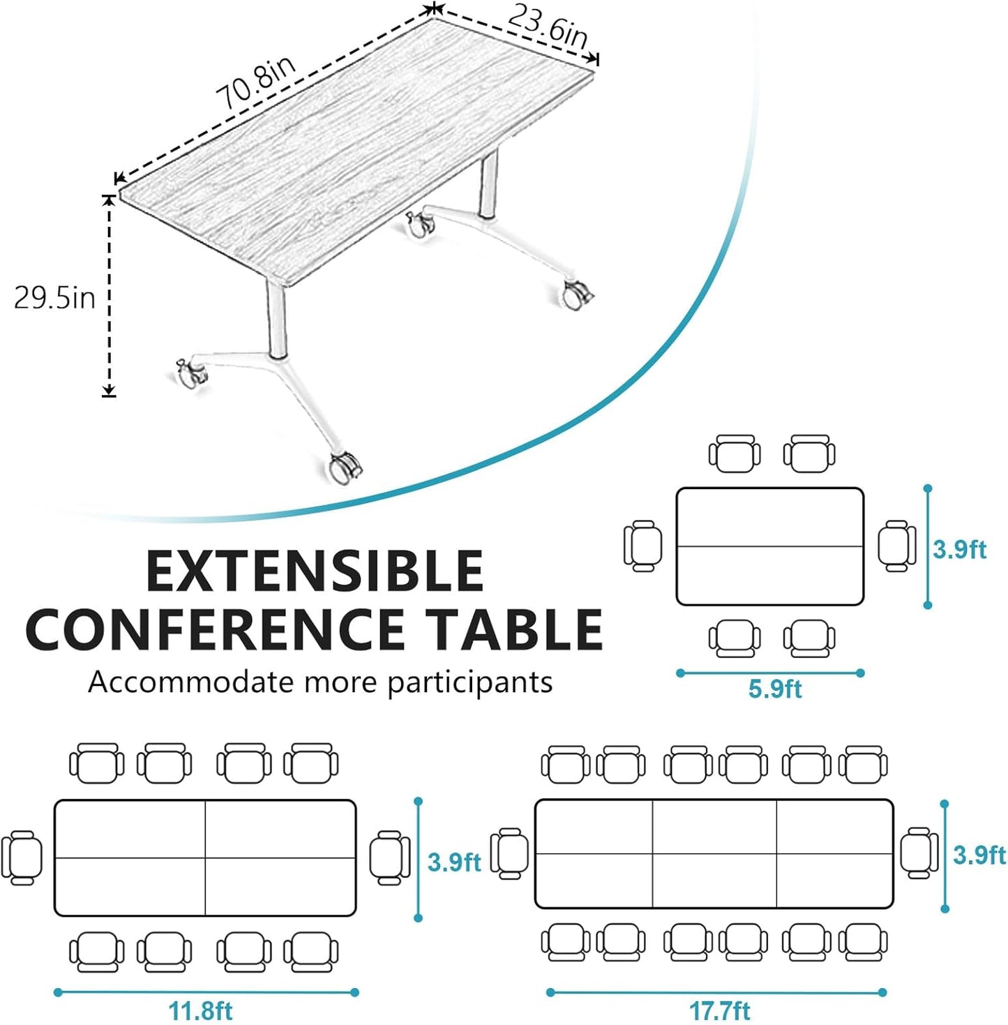 Conference Room Table, Folding Conference Tables,Thicken Grey Tabletop,Flip Top Wooden Seminar Meeting Room Table for Conference Room Offices (8, Black+White, 70.8”)