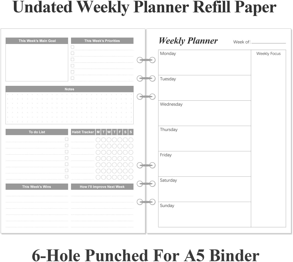 (2-Pack) Weekly Planner Refills for A5 Binders - 106 Sheets/212 Pages Undated Weekly Planner, 6-Hole Punched, 100 gsm White Paper, Lasts 1 Year, Undated, 5.8" x 8.3", Black
