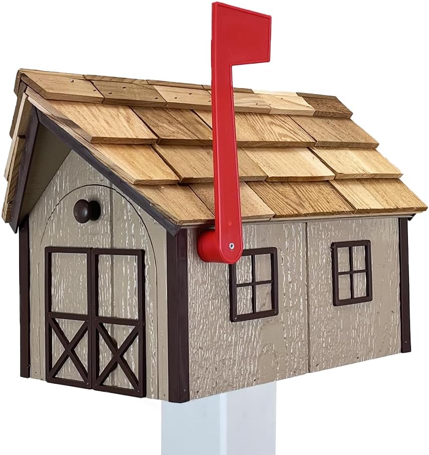 Peaceful Classics Amish Cedar Roof Wooden Mailbox with Window & Door Trim, Handcrafted Mailboxes for Outside, Post Mount Residential Mailboxes - (Clay & Brown, Wood)
