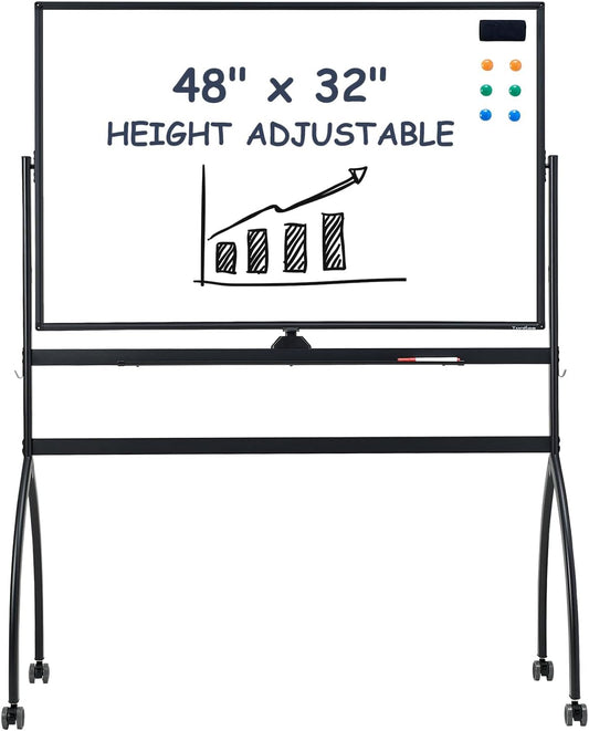 TANKEE White Board Height Adjustable - 48 x 32 Mobile Whiteboard on Wheels, Large Magnetic Double-Sided Rolling Dry Erase Board with Stand, Standing Whiteboard for Office School Home Classroom