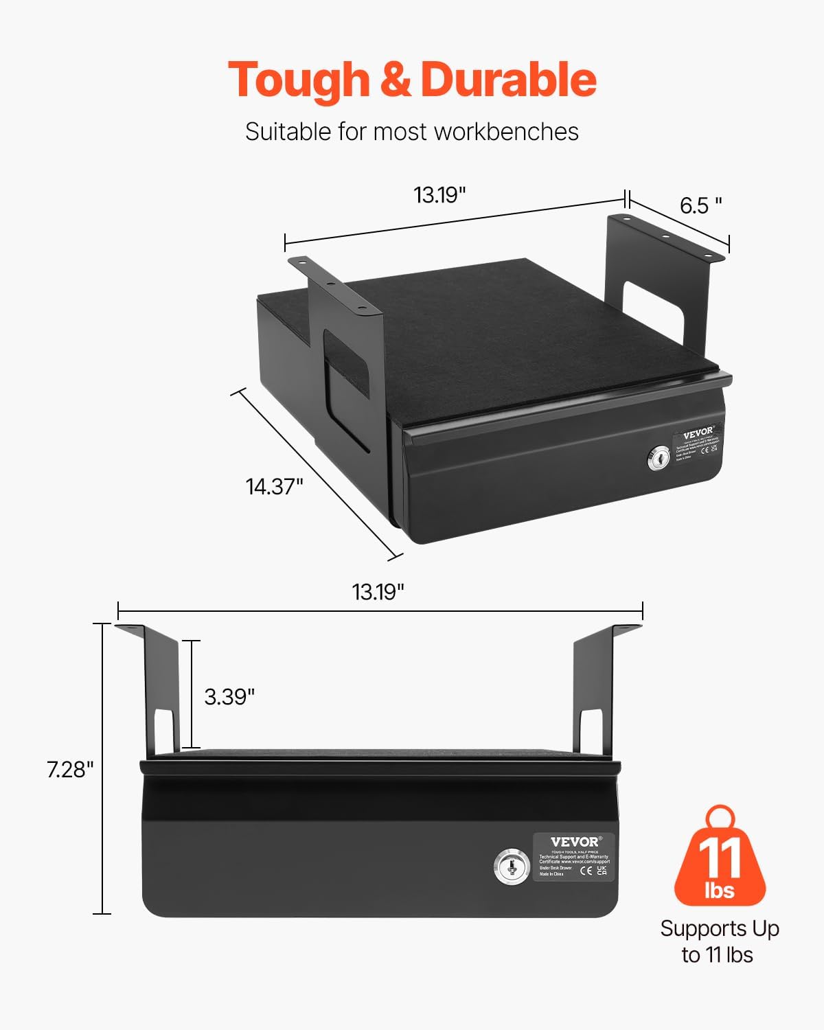 VEVOR Under Desk Lockable Slide Out Drawer, 13 inch Under Desk Pull-out Drawer for Sit Stand Workstation, Secure Under Counter Drawers for Home Office Storage Organizer, Black