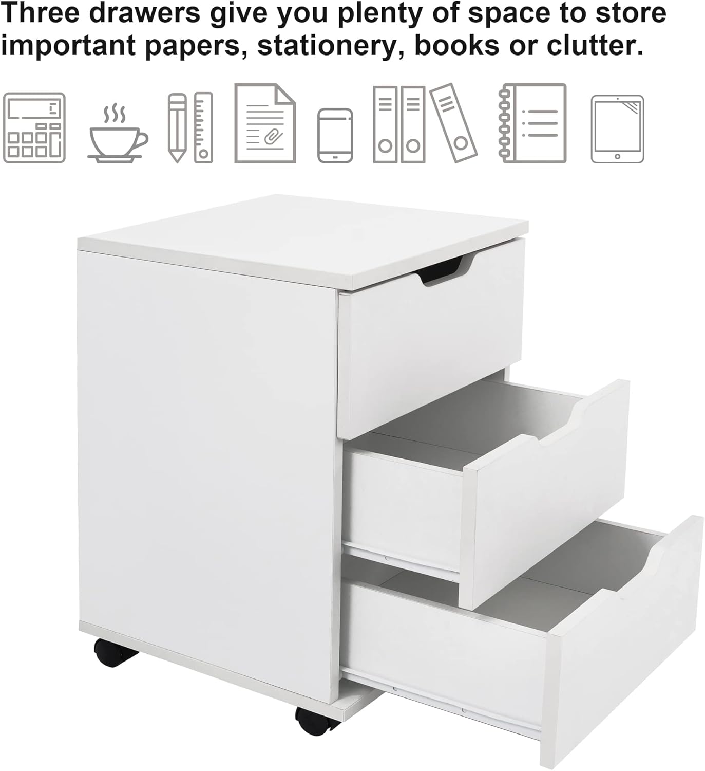 Farini 3-Drawer Vertical Filing Cabinet Rolling Wood Mobile File Cabinets Under Desk for Home Office with Casters (White, Non-Assembled)