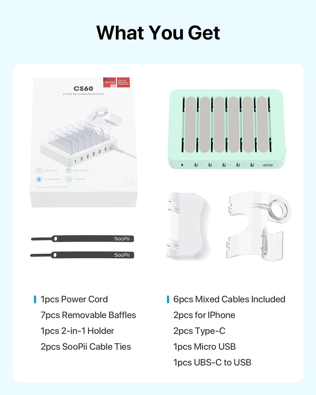 SooPii 60W/12A 6-Port Charging Station for Multiple Devices, PD 20W USB C Fast Charging for lPhone 14/13/12,6 Short Cables Included, 2 in 1 Holder,for Phones,Tablets and Others