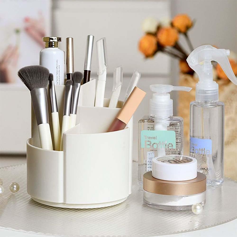 OWLFAVO Desk Pencil Pen Holder, 4 slots 360-Degree Spinning Desk Organizers, Rotating Desktop Storage Stationery Supplies for School, Home, Office, Kitchen, Makeup Brush, Ivory White