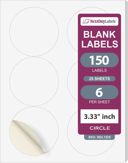 NextDayLabels - Round Labels 3.33 Inch - 150 Printable Labels (25 Sheets x 6)