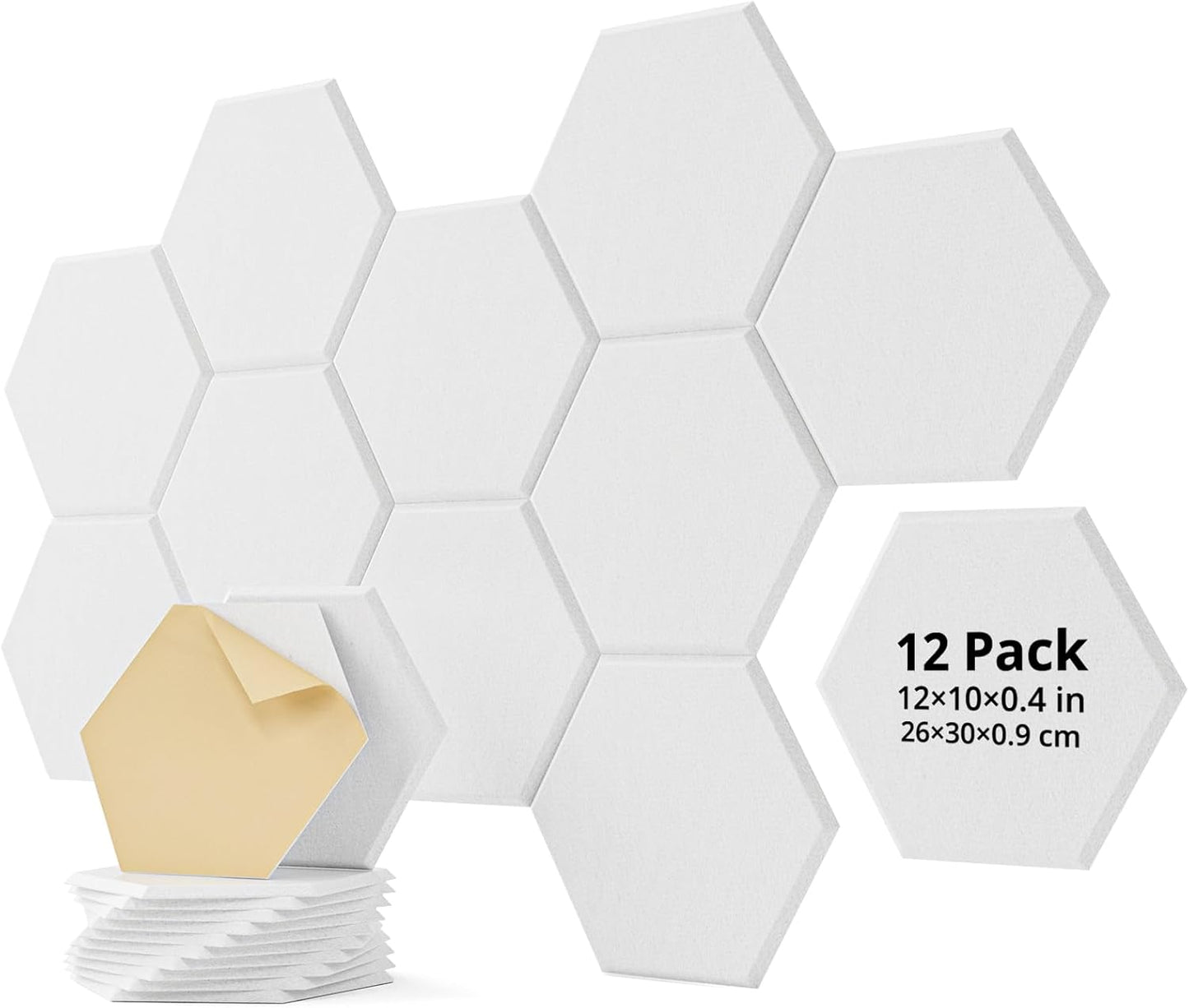 12 Pack Acoustic Panels Sound Absorbing, Self Adhesive Sound Proof Panels, Hexagon High Density Sound Deadening Panels, 12"X10"X0.4" Wall Decor for Bedroom,Home,Studio,Office(White)