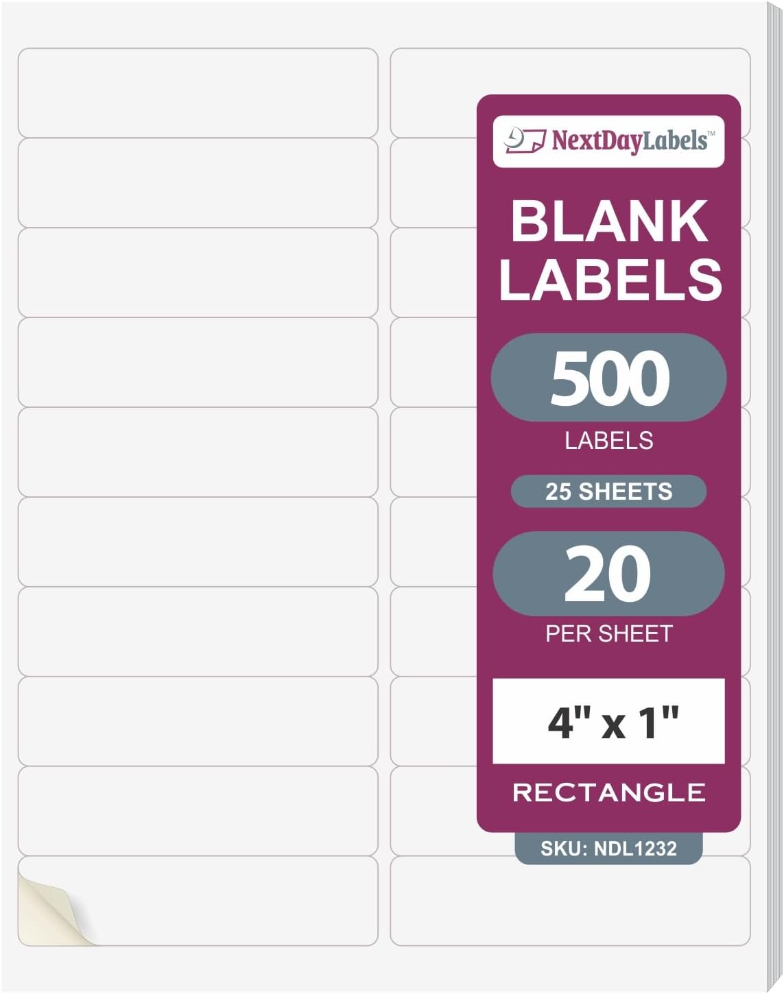 NextDayLabels – 4” x 1" Rectangular Sticker Labels for Printer - White Laser/Inkjet Printer Labels Return Address Labels Shipping Label Stickers (25 Sheets, 20 Per Sheet, 500 Labels)