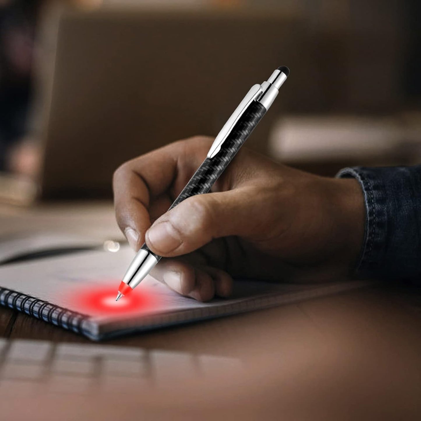 Lighted Tip Pen with Stylus 3-in-1 - LED Penlight Light Up Pen Light Ballpoint Pen with Light for Writing in the Dark - Pack of 3 - Red Light - GL006