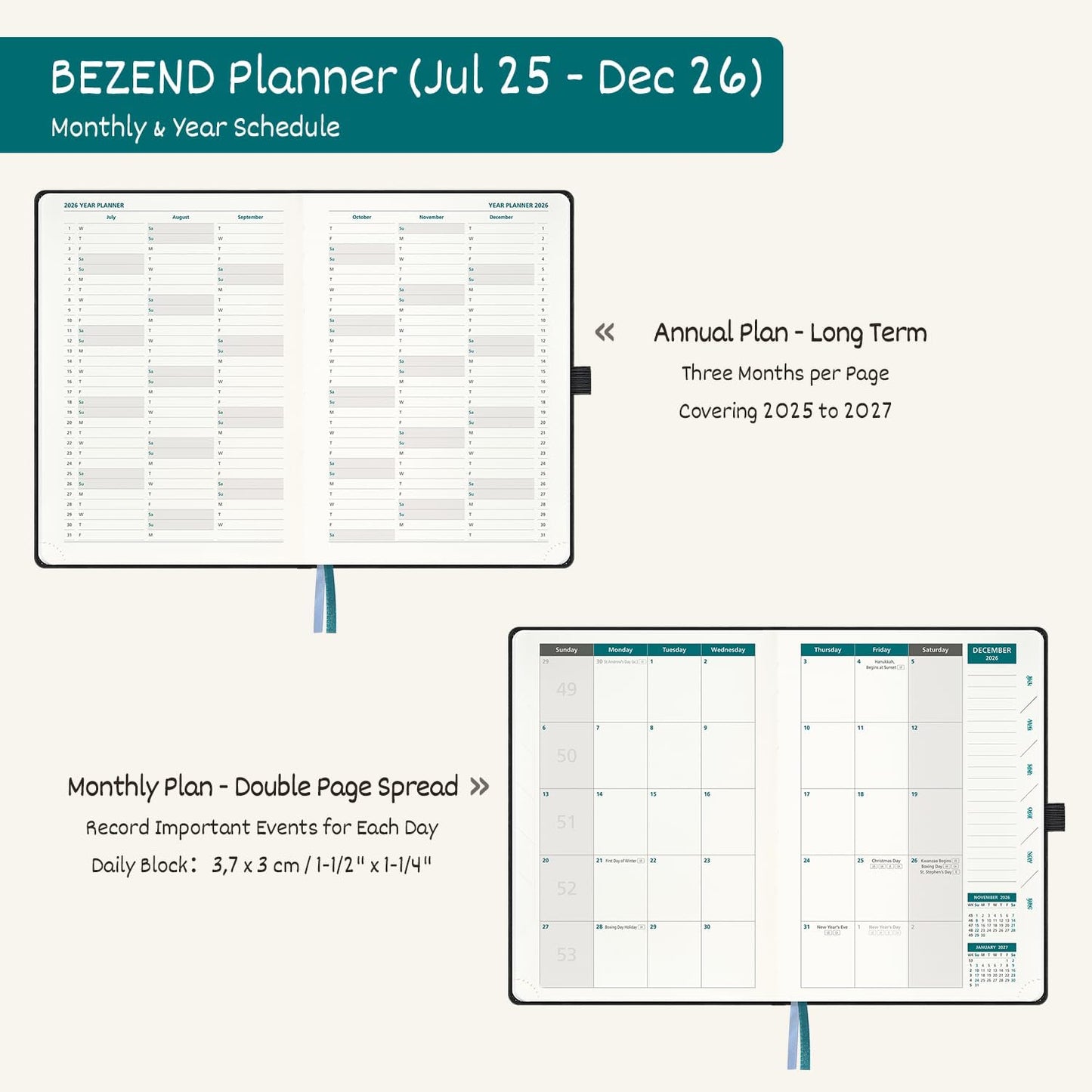 BEZEND Weekly Planner 2025-2026 with 2 Columns, 5.8" x 8.5" Academic Calendar 18 Months (Jul 25-Dec 26) Life Work Appointment Book with Monthly Tab, PU Leather Hardcover - Black
