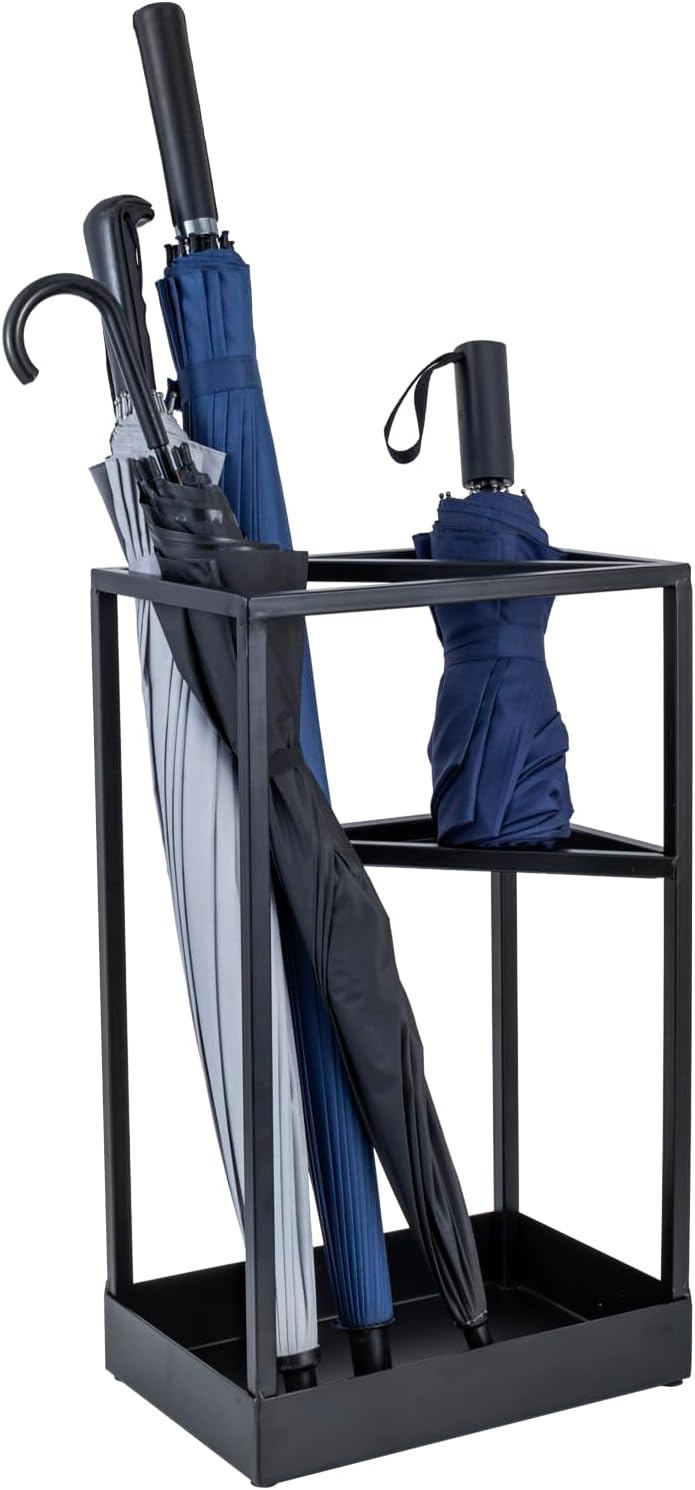 MyGift 20 Inch Tall Modern Brass Tone Metal Geometric Freestanding Entryway Umbrella Rack or Cane Holder with Shelf for Small Umbrellas and Bottom Drip Tray (Black-Large)