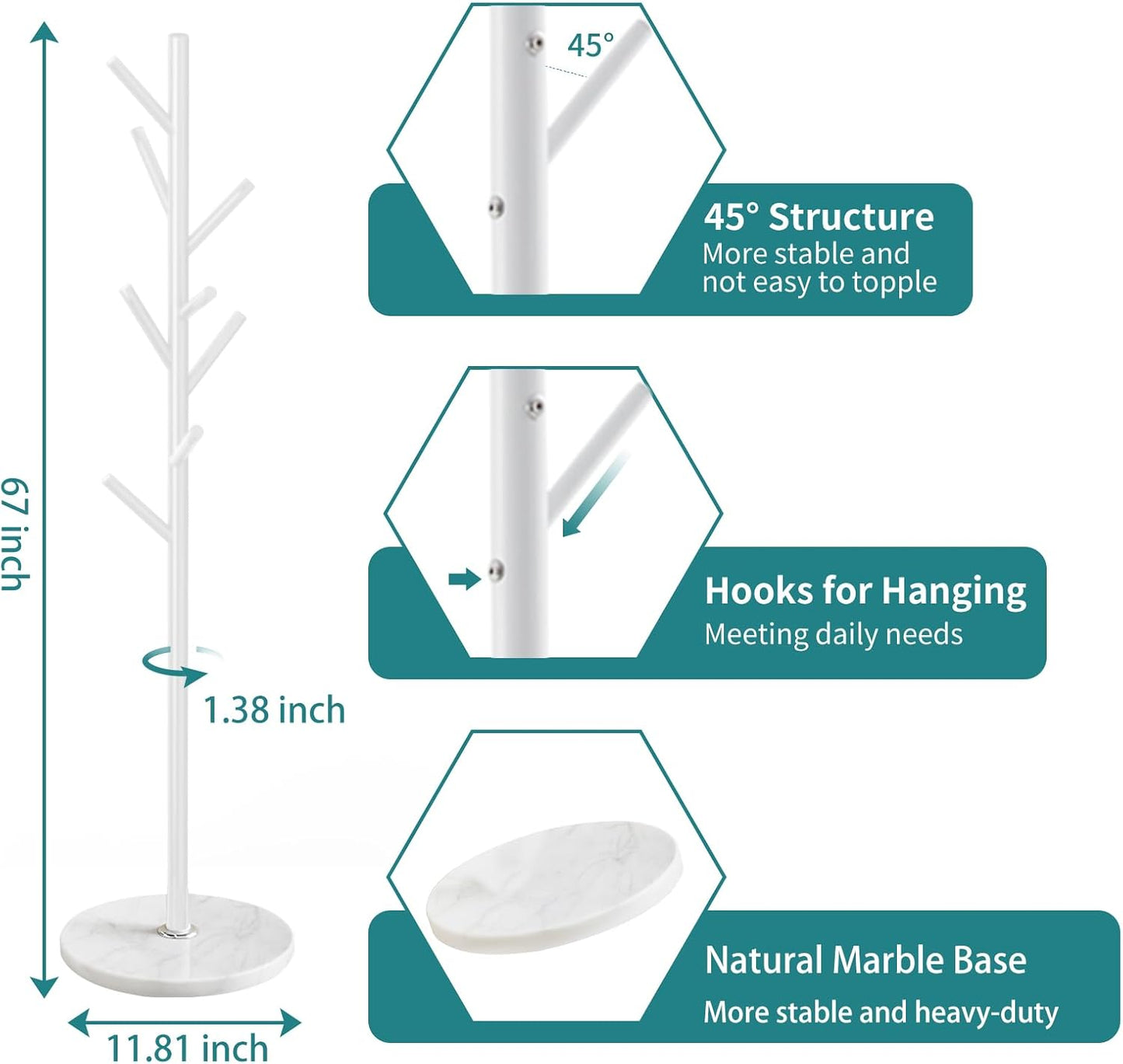 Coat Rack with Natural Marble Base, Metal Coat Racks Freestanding, Modern Coat Rack Stand with 8 Hooks, White Coat Tree Hats Hanger for Entryway, Hallway