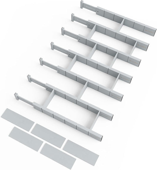 SpaceAid Bamboo Drawer Dividers with Inserts and Labels, Kitchen Adjustable Drawer Organizers, Expandable Organization for Home, Office, Dressers, 7 Dividers with 15 Inserts (17"-22" Gray)