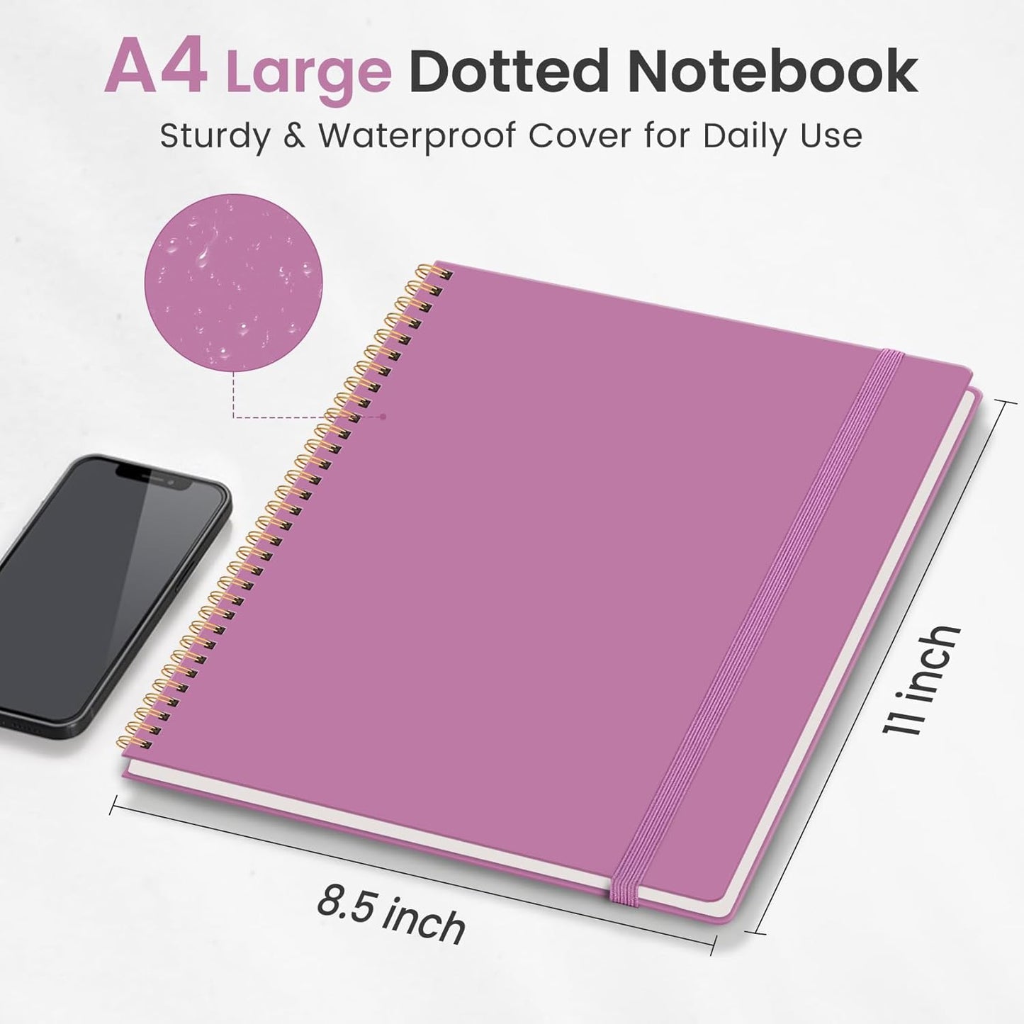 Taja Spiral Dotted Notebook, 8.5"x11" Notebooks for Work, Large A4 Journal for Women & Men, Bullet Dotted Journal, Journaling Notebook for Writing, Plastic Cover Spiral Journal, Purple