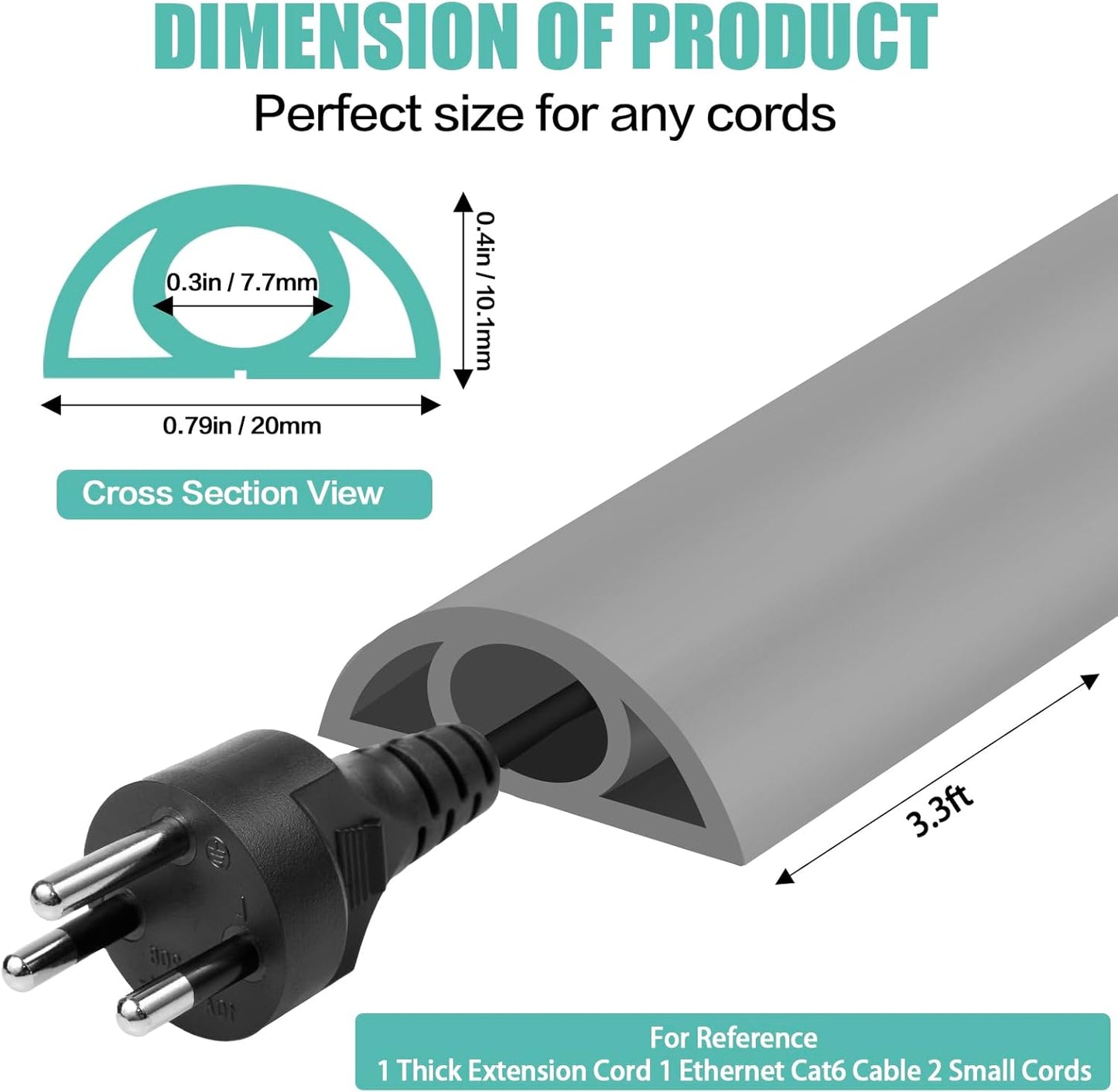 Floor Cord Cover Self Adhesive Cord Hider,3.3FT Cable Management, Extension Strip Protector for Wires, Prevent Cable Trips for Offices, Gyms, Exhibitions Cavity:0.3"(W) x 0.28"(H) Gray