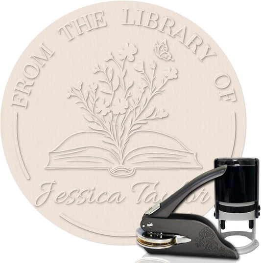 HDSD Custom Embosser - Personalized Book Embosser with Your Message or Design -Suitable for Wedding Invitations, Envelopes & Books (Flowers and Text)