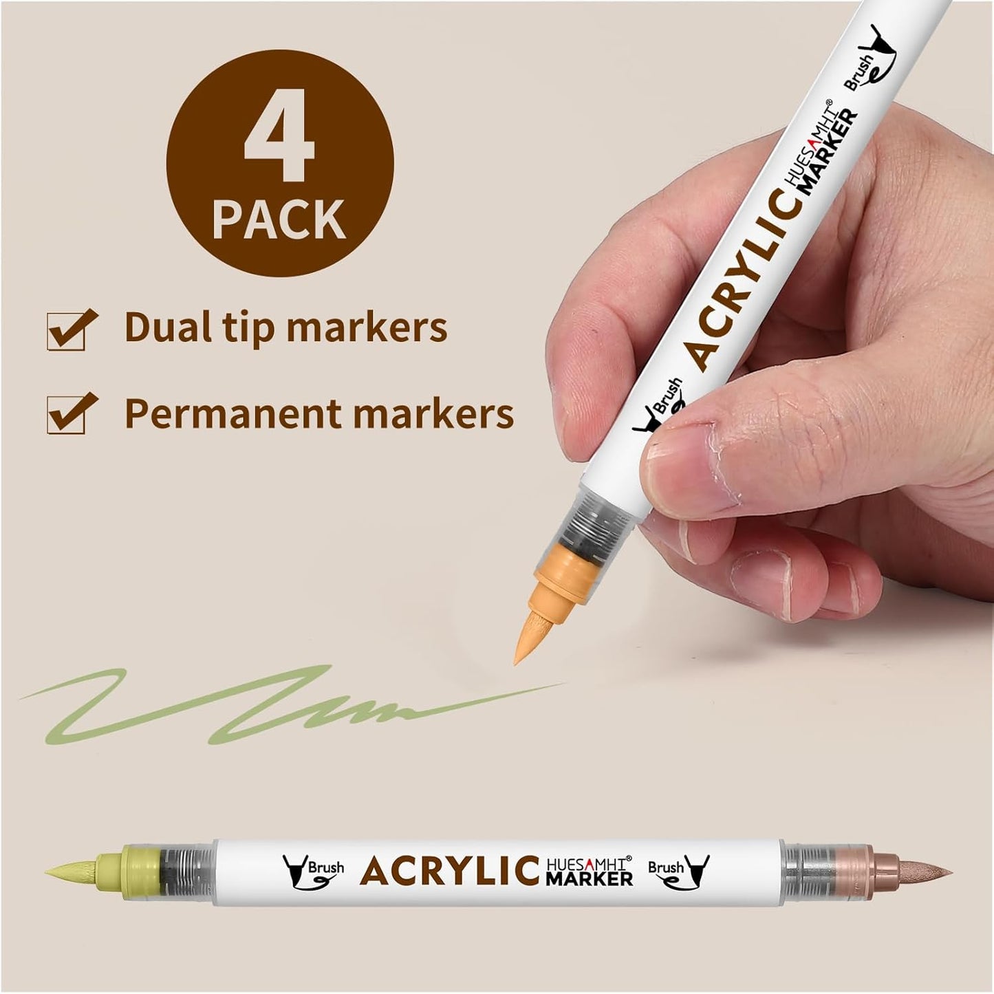 Dual Tip Brush Markers, 4 Pack Double Ended Acrylic Paint Pens - Permanent Water-Based for Rock Painting, Wood, Metal, Ceramic, Glass, Crafts & Kids Art Assorted Colors