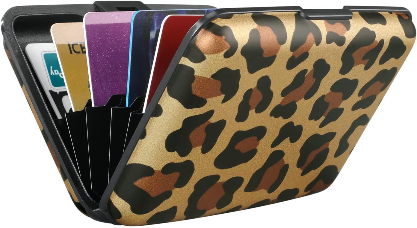 ELFISH Mini RFID Aluminum Wallet Credit Cards Holder Business Card Case Metal ID Case for Men Women（Leopard
