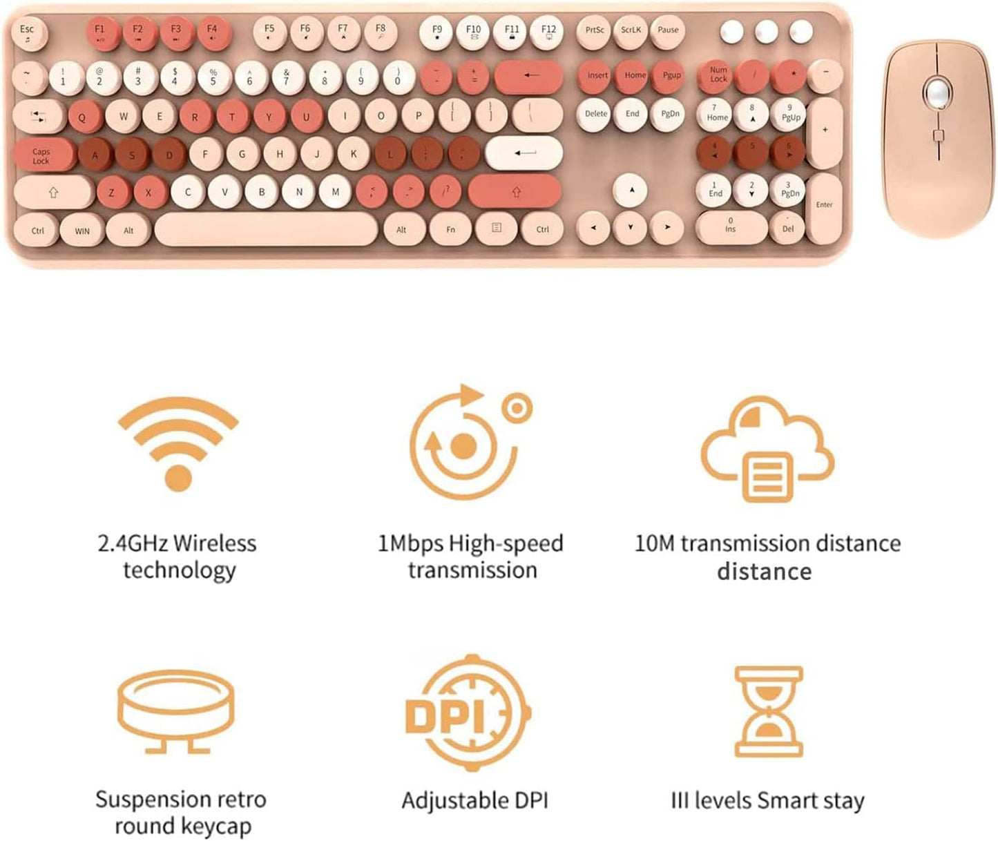 FOPETT Keyboard and Mouse Sets Wireless,Reliable 2.4 GHz Connectivity for PC,Laptop,Smart TV and More (Milk Tea Color)