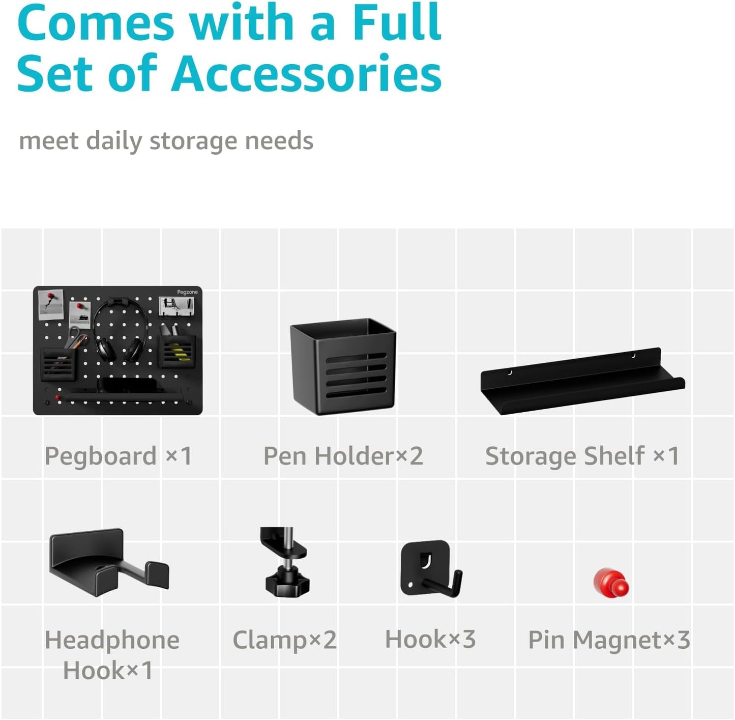 Clamp-on Desk Pegboard, Desk Organizer for Office Gaming Home, Magnetic Metal Peg Board with 10 Accessories, Privacy Panel for Office, 16.5" x 12.6", Medium, Black