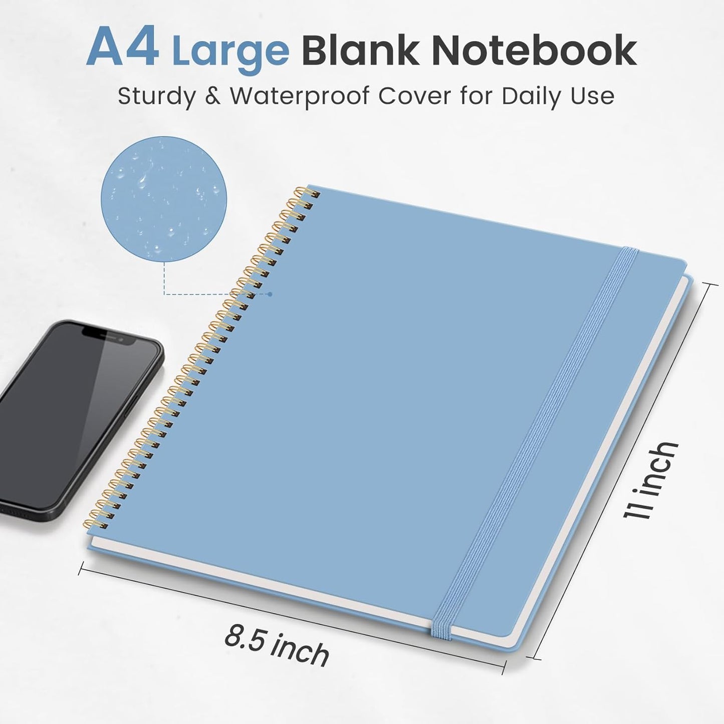 Taja Spiral Blank Notebook, 8.5"x11" Notebooks for Work, Large A4 Journal for Women & Men, Sketch Journal, Journaling Notebook for Writing, Plastic Cover Spiral Journal, Blue