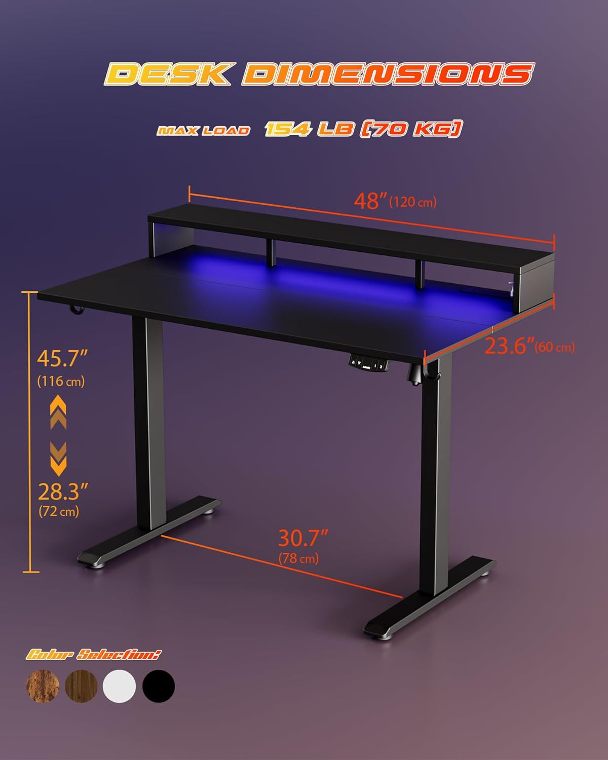 Electric Height Adjustable Standing Desk with Power Outlet and LED Light Strip, Sit to Stand, Ergonomic 48x24 Rising Desk with Memory Presets, Home Office Workstation, Computer Gaming Table, Black